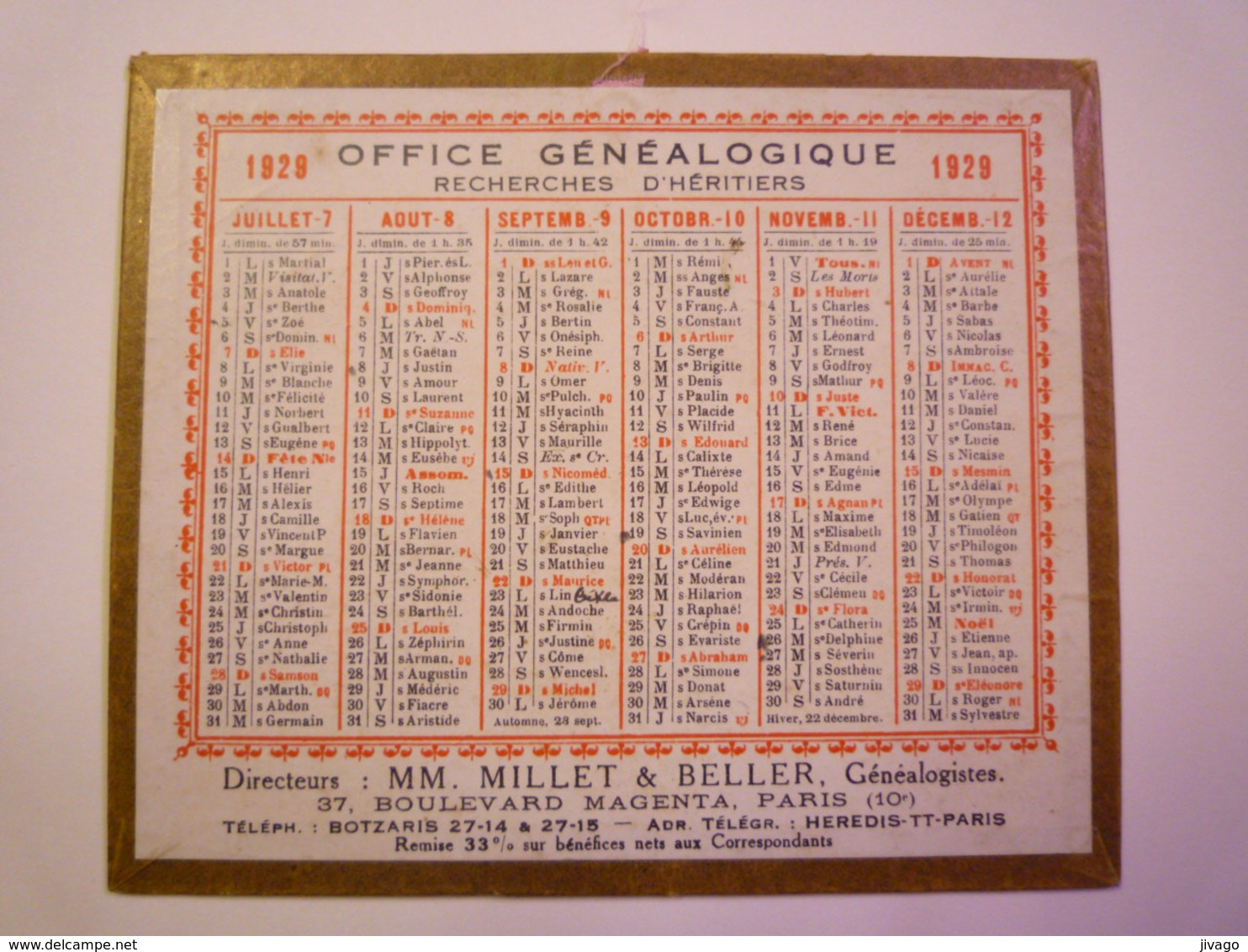 PETIT CALENDRIER  1929  "OFFICE GENEALOGIQUE"   Format  12,5 X 10,5cm   - Small : 1921-40