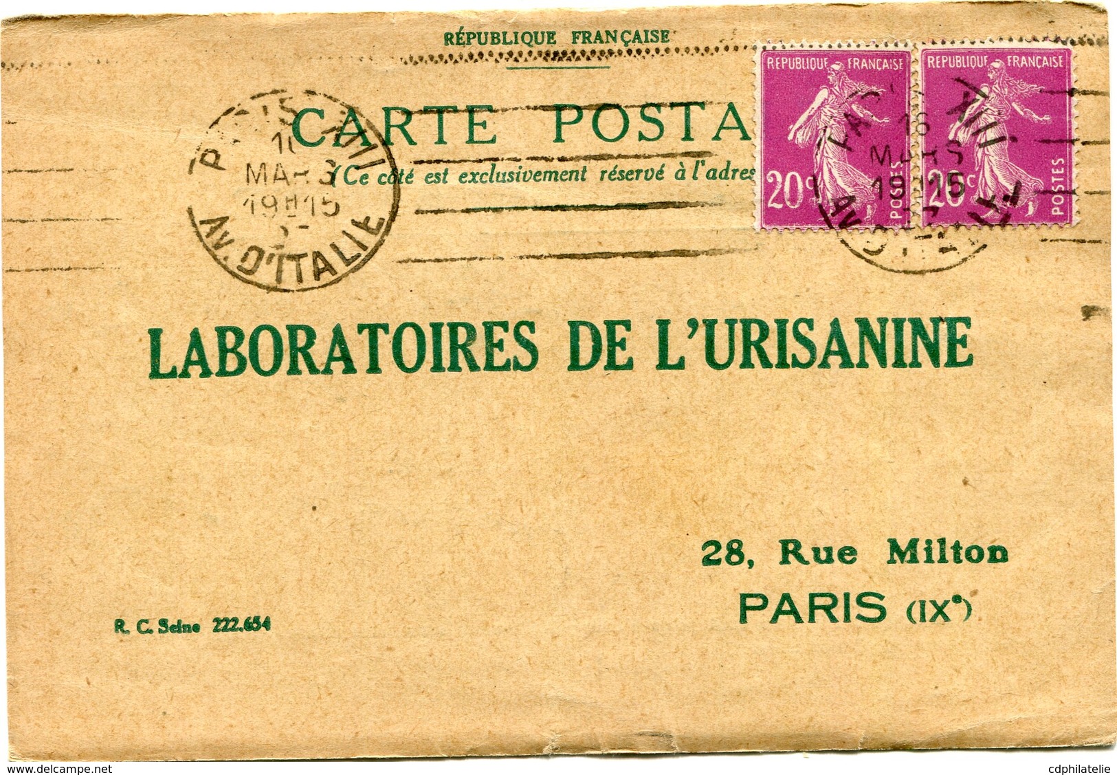 FRANCE CARTE POSTALE LABORATOIRES DE L'URISANINE BON POUR UN FLACON ECHANTILLON D'URISANINE DEPART PARIS 16 MARS 27..... - 1906-38 Säerin, Untergrund Glatt