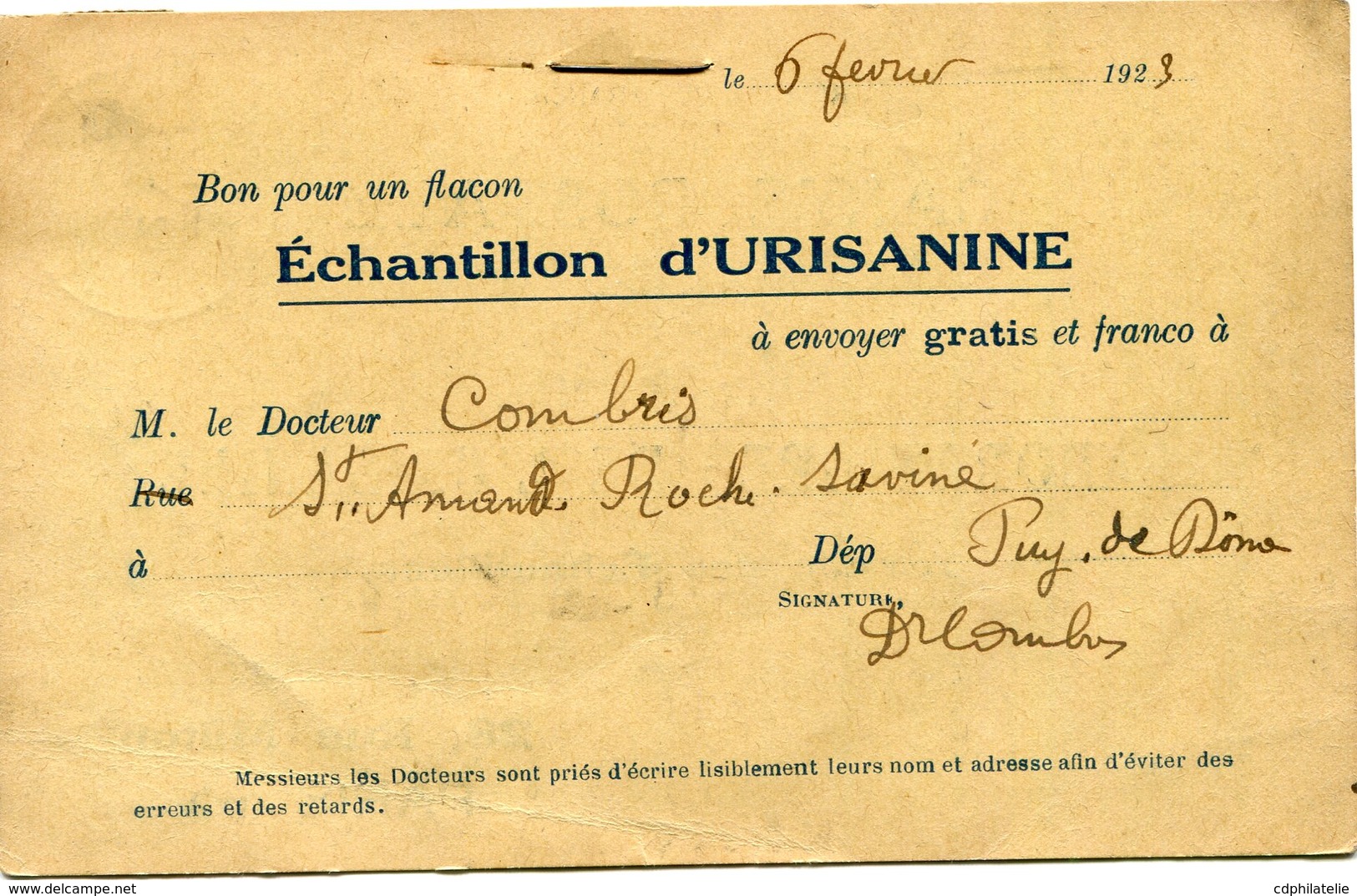 FRANCE CARTE POSTALE LABORATOIRES DE L'URISANINE BON POUR UN FLACON ECHANTILLON D'URISANINE DEPART ST AMAND ROCHE SAVINE - 1906-38 Säerin, Untergrund Glatt