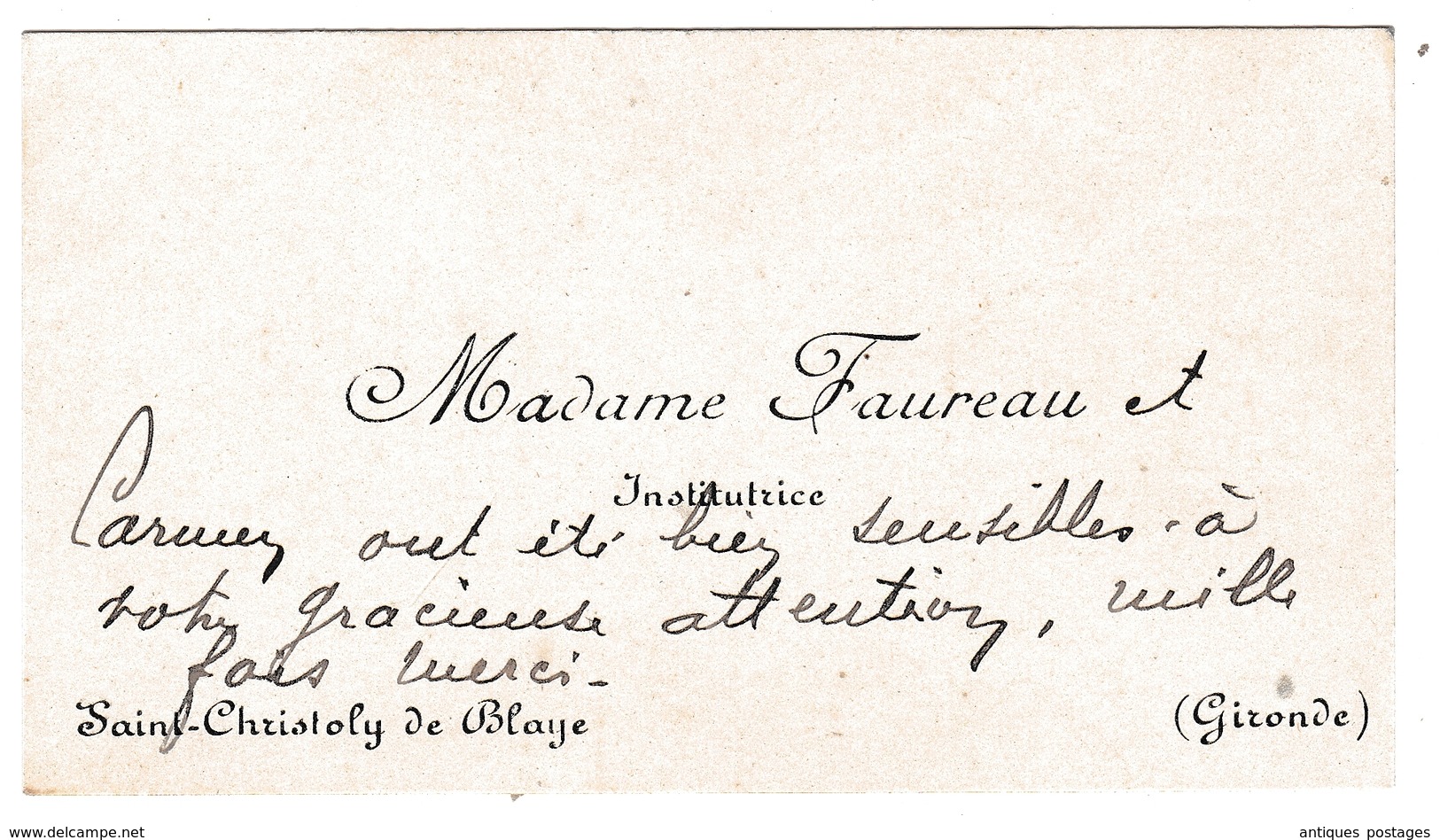 Lettre + Carte Saint-Christoly De Blaye Madame Gironde Faureau Institutrice Cachet Convoyeur Blaye à Saint Mariens - Lettres & Documents