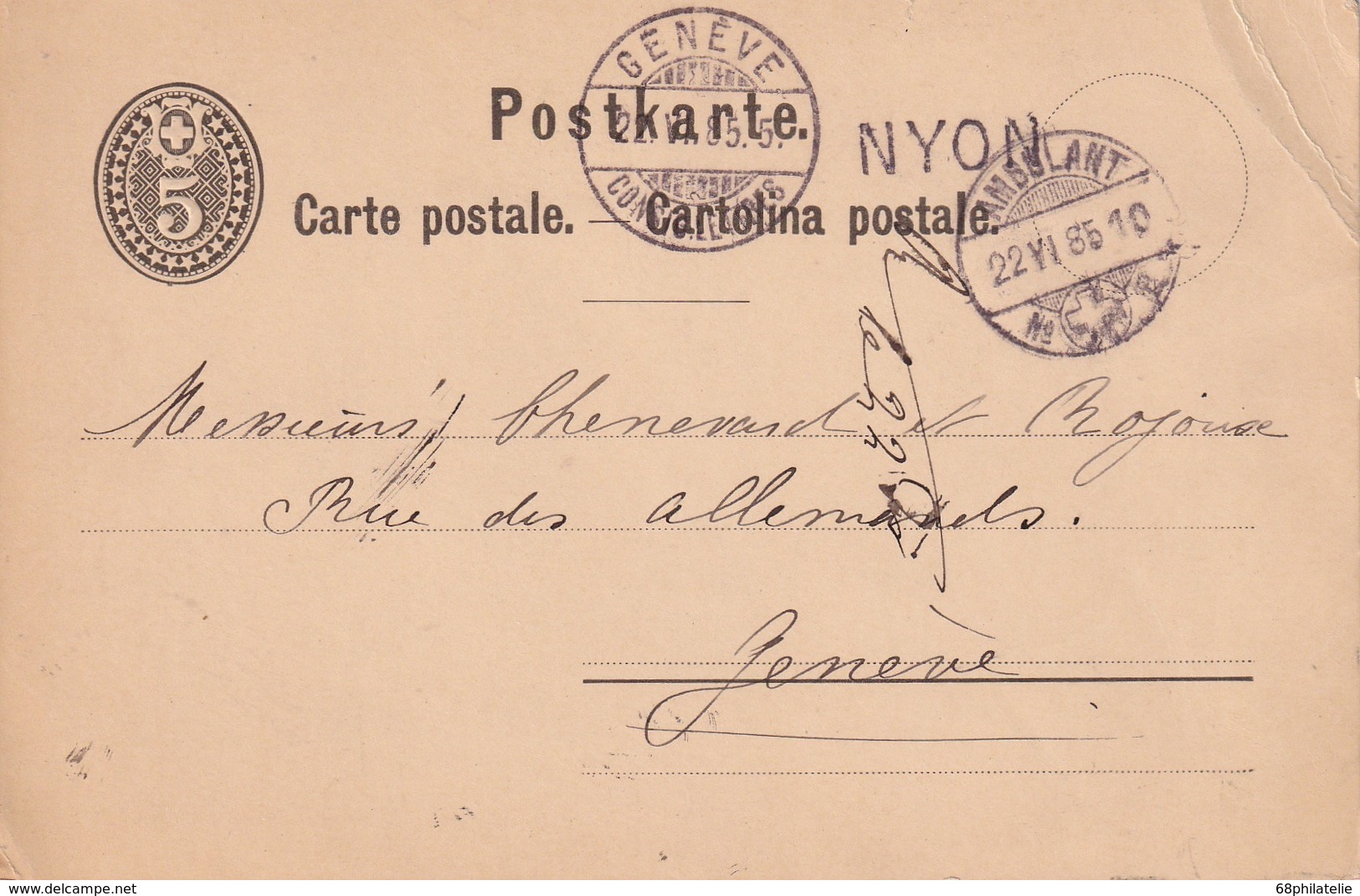 SUISSE 1885  ENTIER POSTALE CACHET AMBULANT GRIFFE LINEAIRE NYON - Ganzsachen