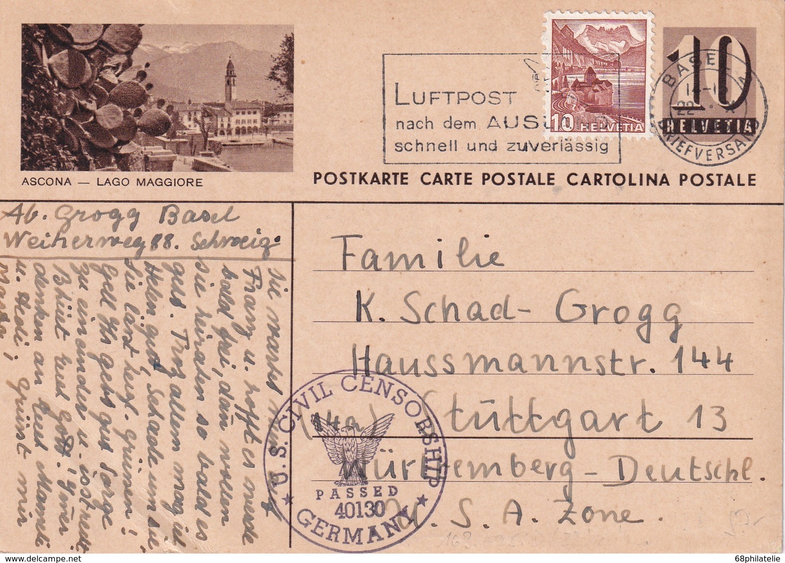 SUISSE 1946  ENTIER POSTAL CARTE ILLUSTREE CENSUREE DE BALE POUR STUTTGART - Stamped Stationery