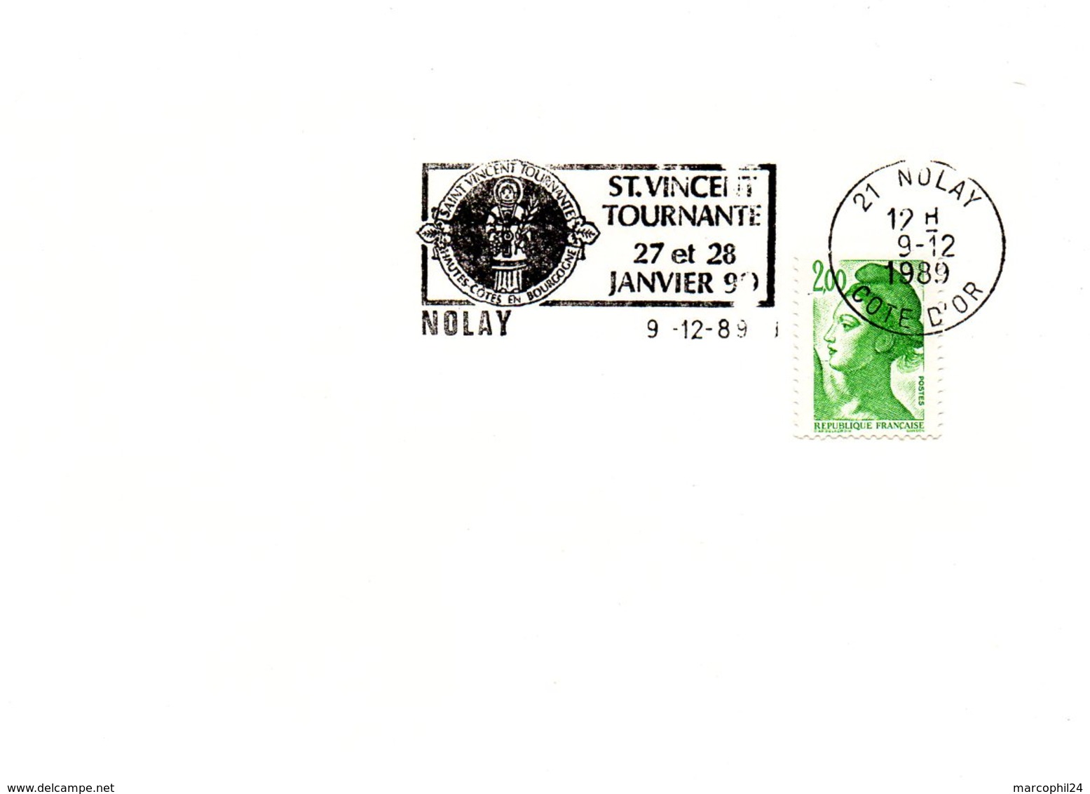VIGNE & VIN = 21 NOLAY 1989 = FLAMME Type II = SECAP Illustrée  ' Saint Vincent Tournante 1990 ' - Maschinenstempel (Werbestempel)