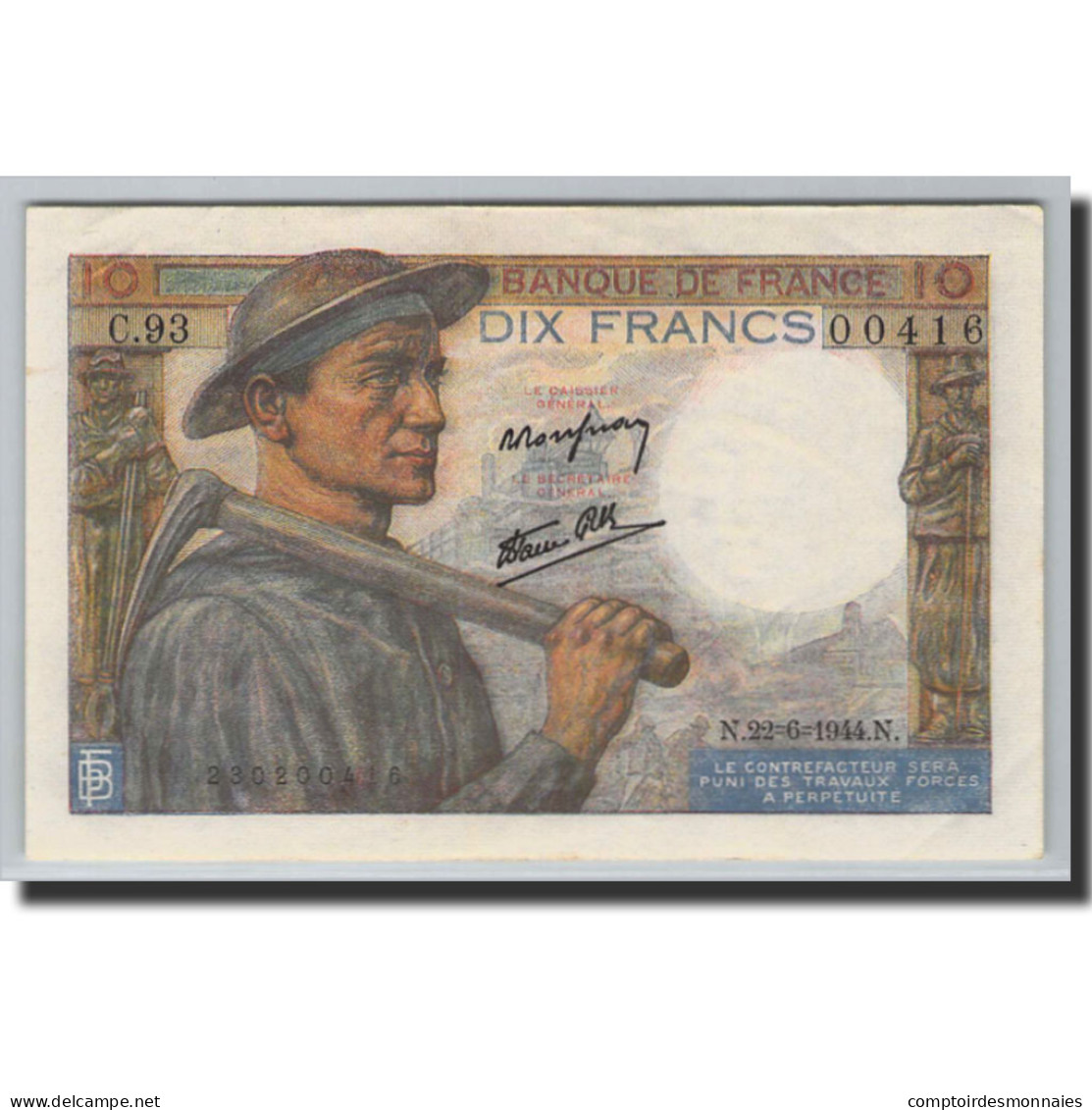 Billet, France, 10 Francs, 10 F 1941-1949 ''Mineur'', 1944, 1944-06-22, SPL+ - 10 F 1941-1949 ''Mineur''
