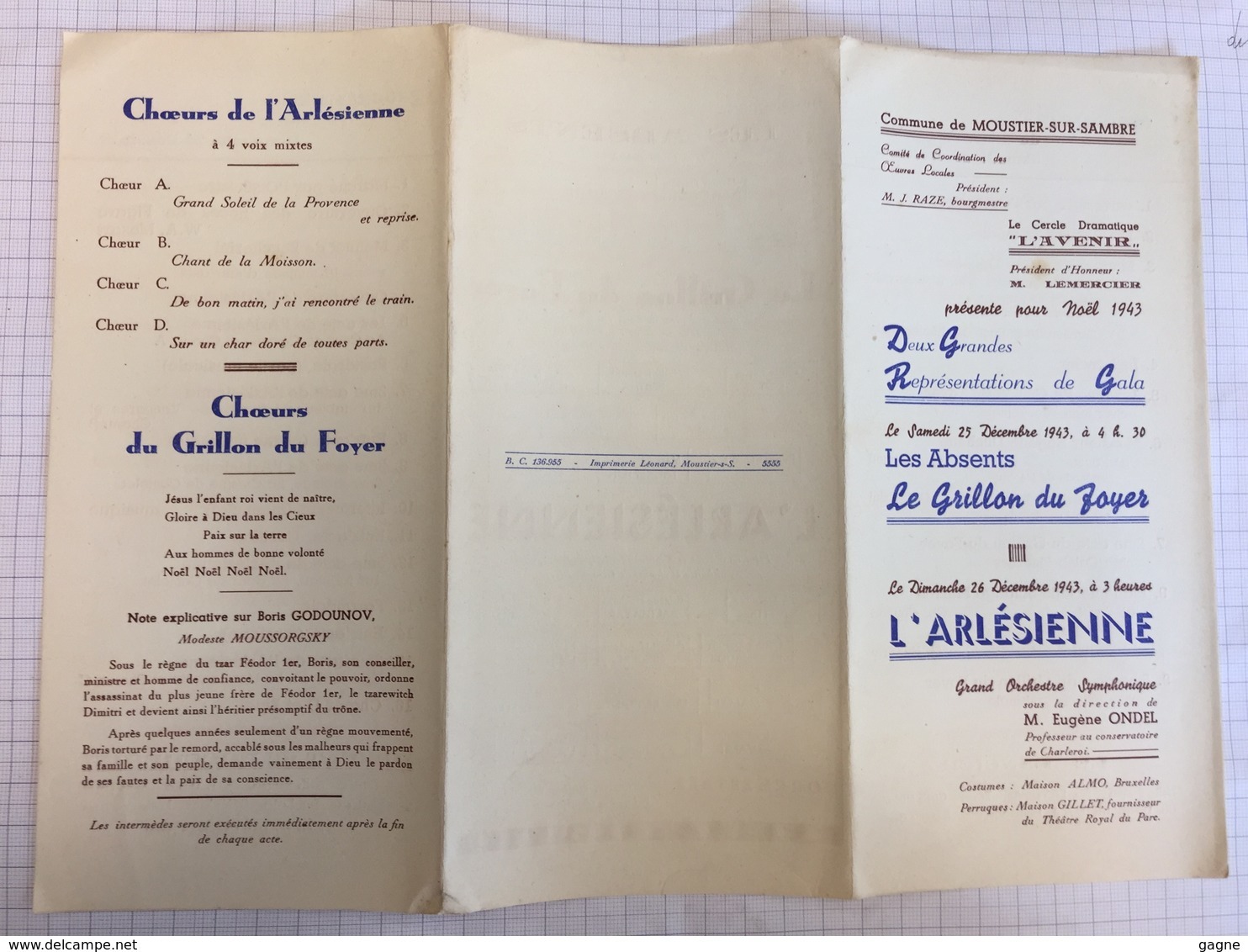 18X - Grand Gala Noël 1943 œuvres Locales Président Bourgmestre Raze Moustier Sur Sambre Direction Orchestre Ondel Eugèn - Programmes