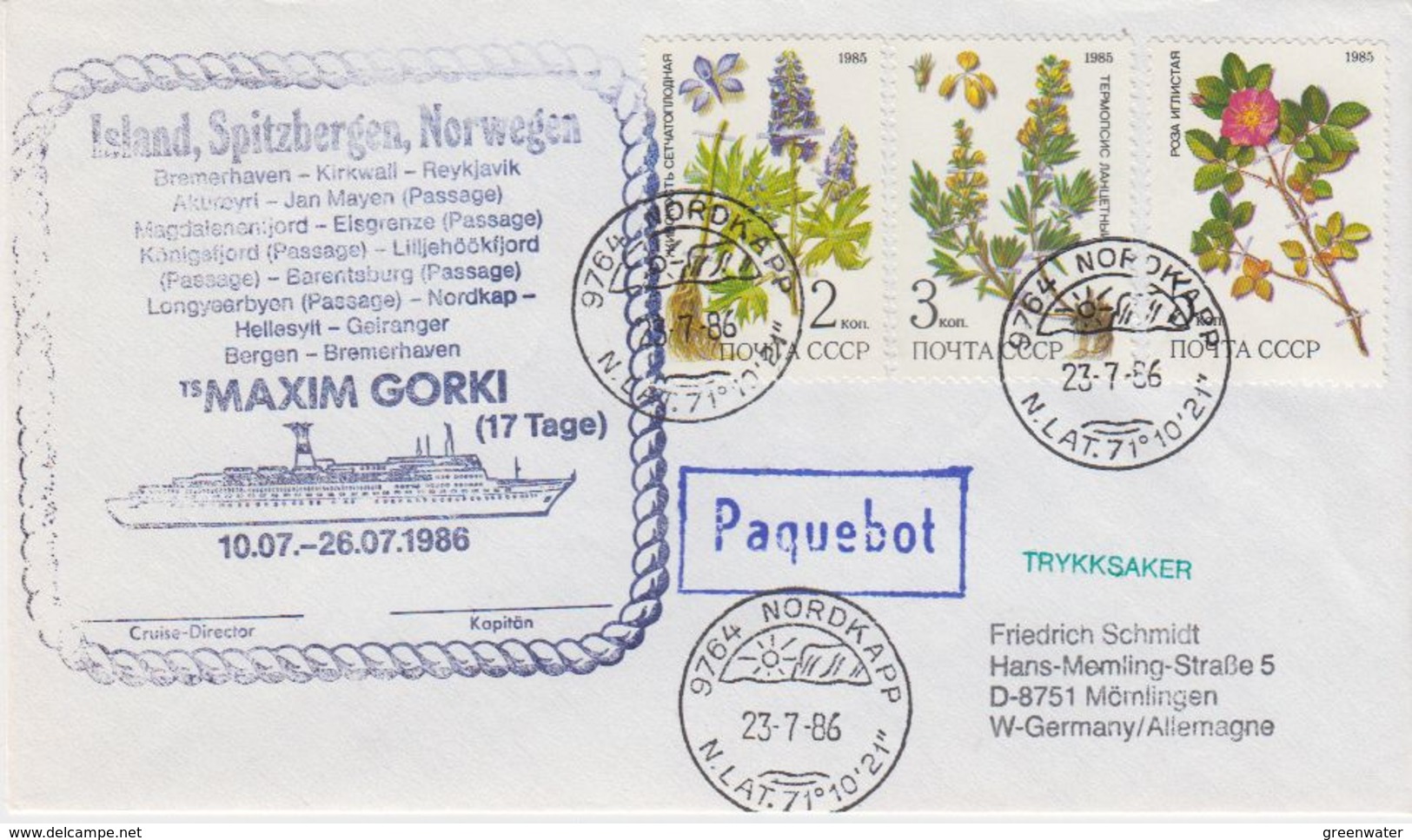 Russia 1986 Ship Maxim Gorki Ca Nordkapp 23.7.86 Cover (40799) - Navires & Brise-glace