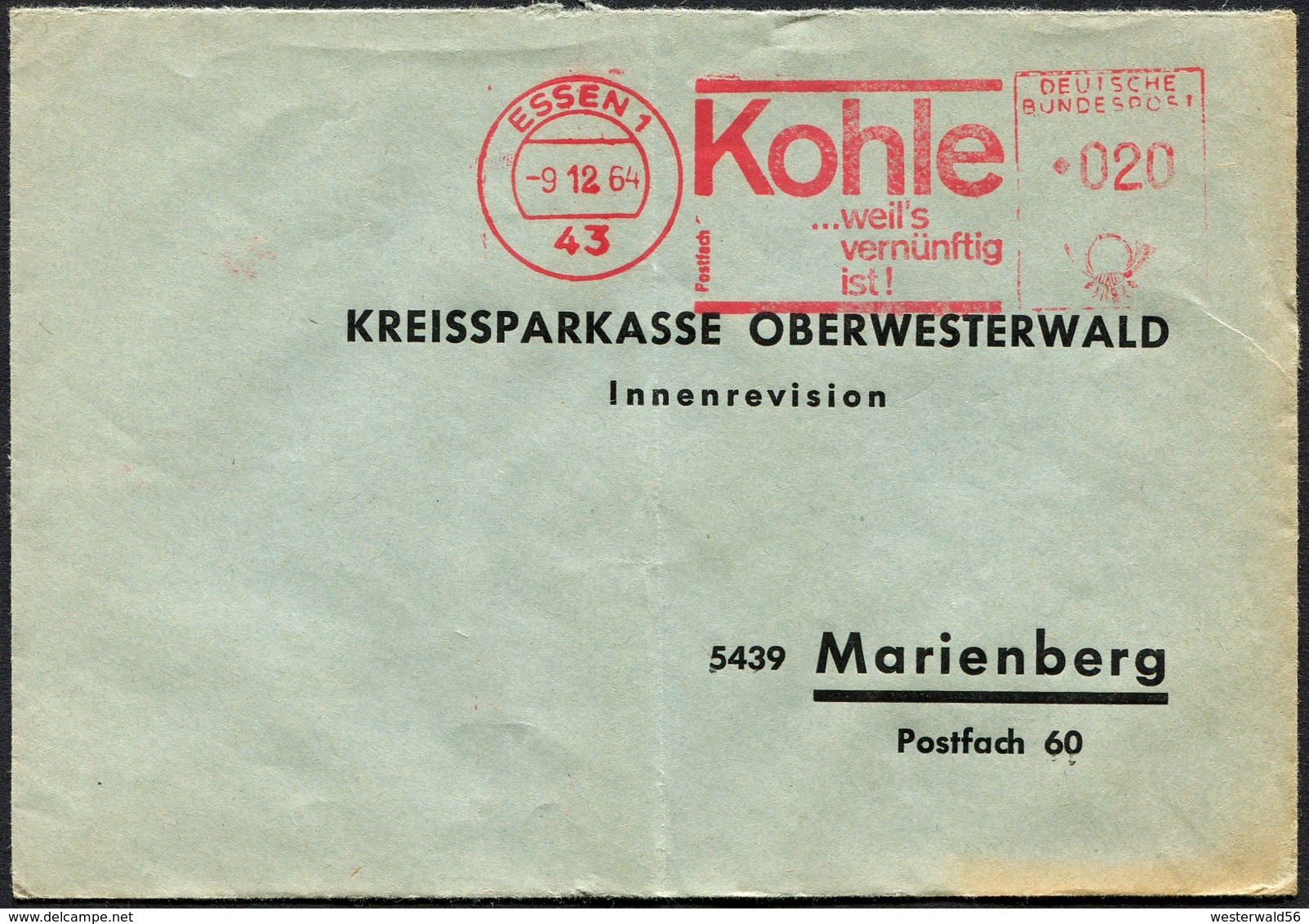 (1802) Freistempel Aus 43 ESSEN 1 Vom 9.12.1964 "KOHLE ... Weil's Vernünftig Ist!" - Umweltschutz Und Klima