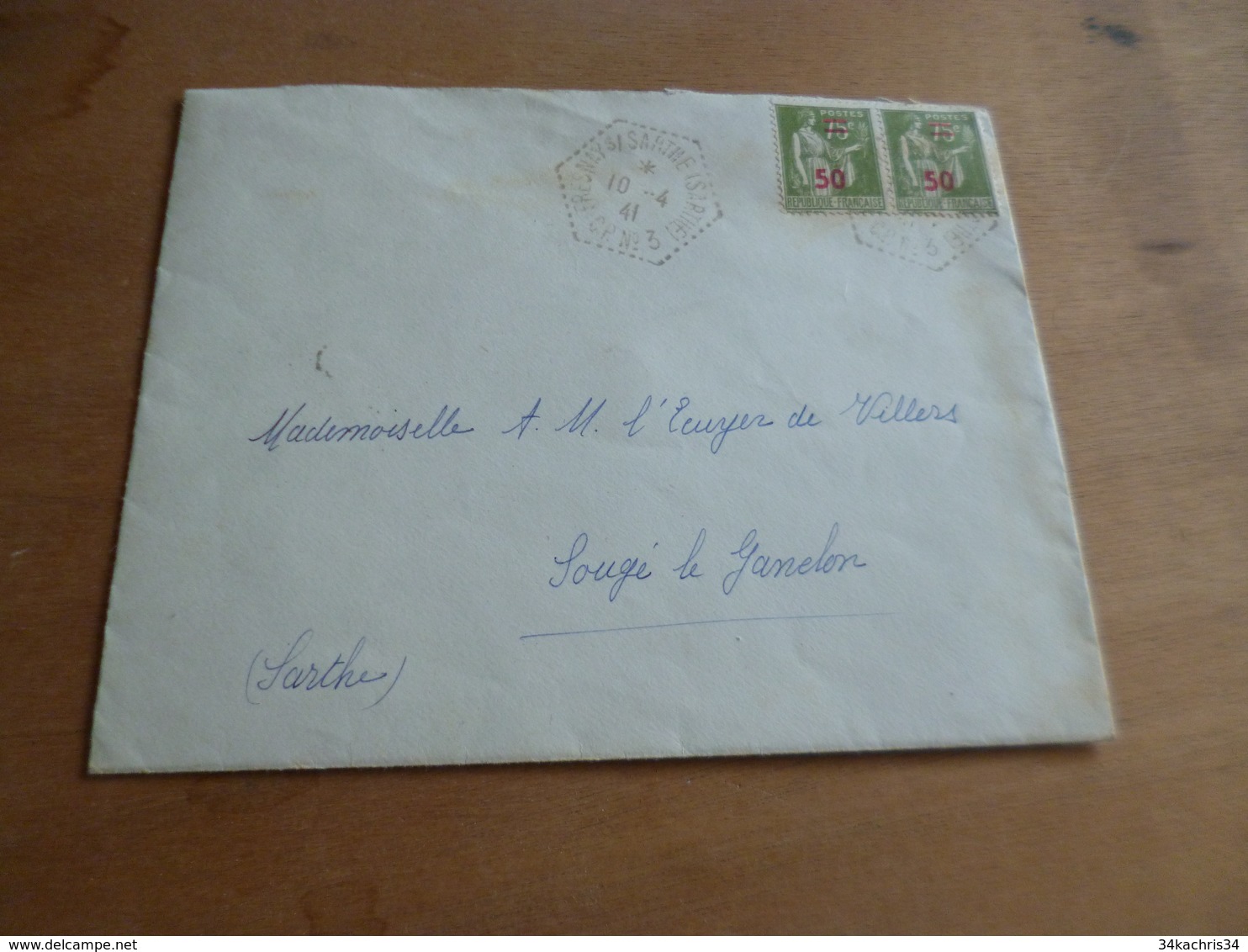 Lettre France Paire 50c Sur 75c Iris Vert N° 480 Cachet Hexagonal Fresnay Sur Sarthe CP N°3 10/04/1941 - 1921-1960: Période Moderne