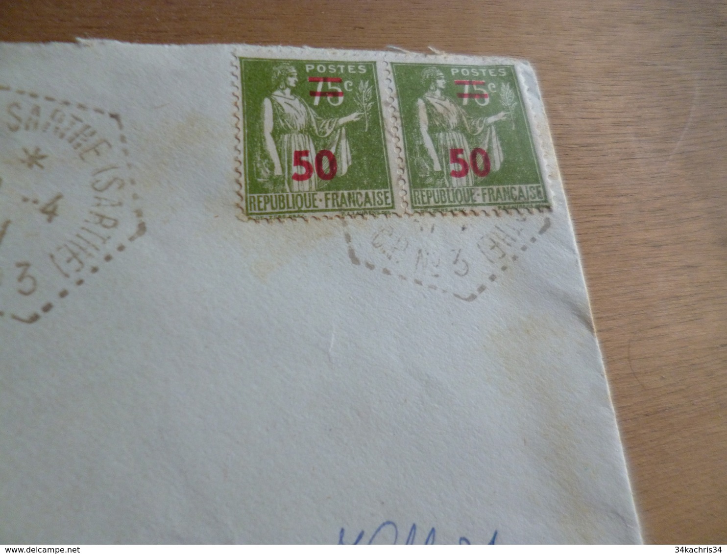 Lettre France Paire 50c Sur 75c Iris Vert N° 480 Cachet Hexagonal Fresnay Sur Sarthe CP N°3 10/04/1941 - 1921-1960: Période Moderne