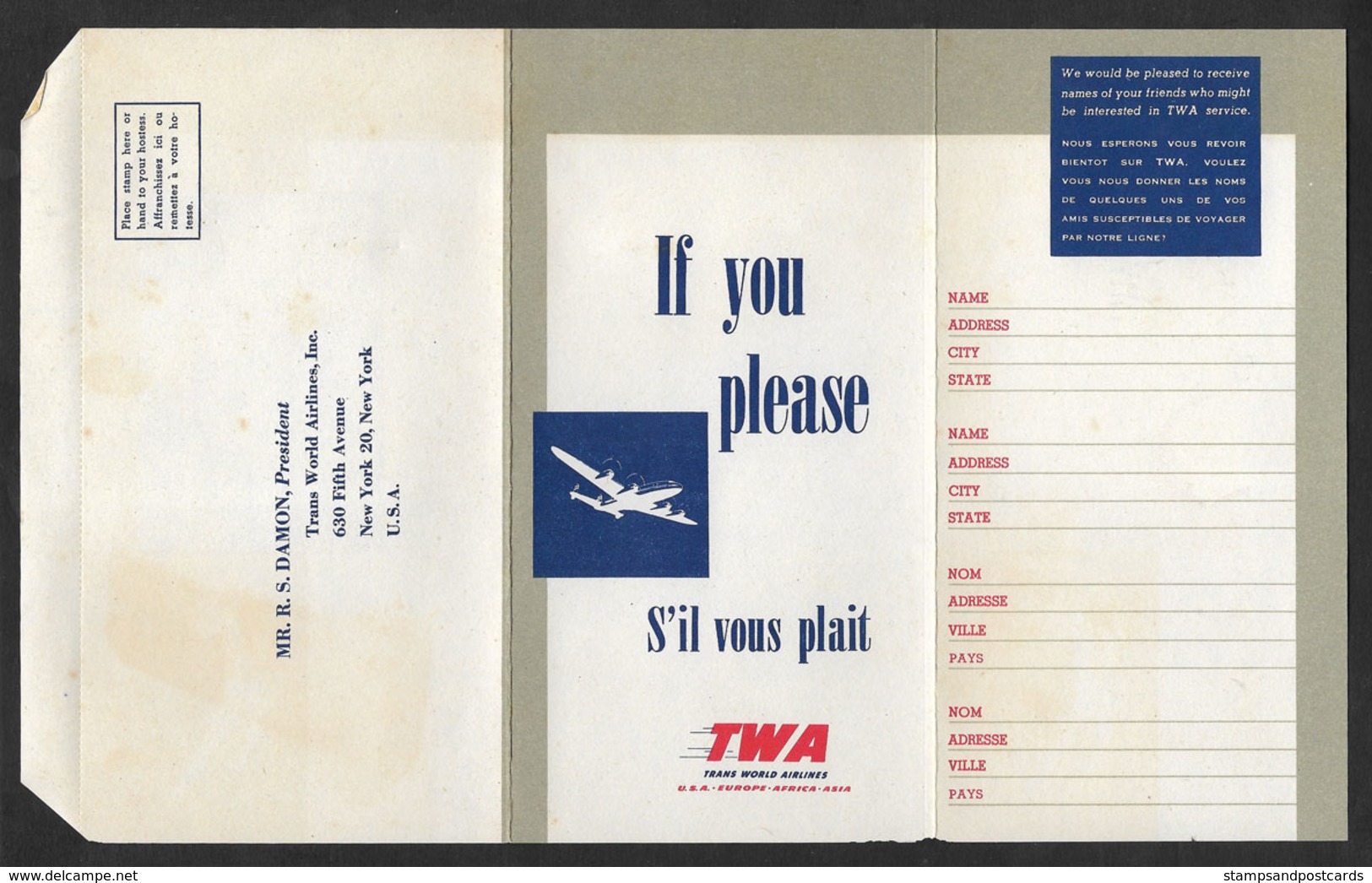 TWA Avion Lettre Pour Commentaires Et Suggestions Des Passagers  Airline Cover For Passengers Comments And Suggestions - Articles De Papeterie