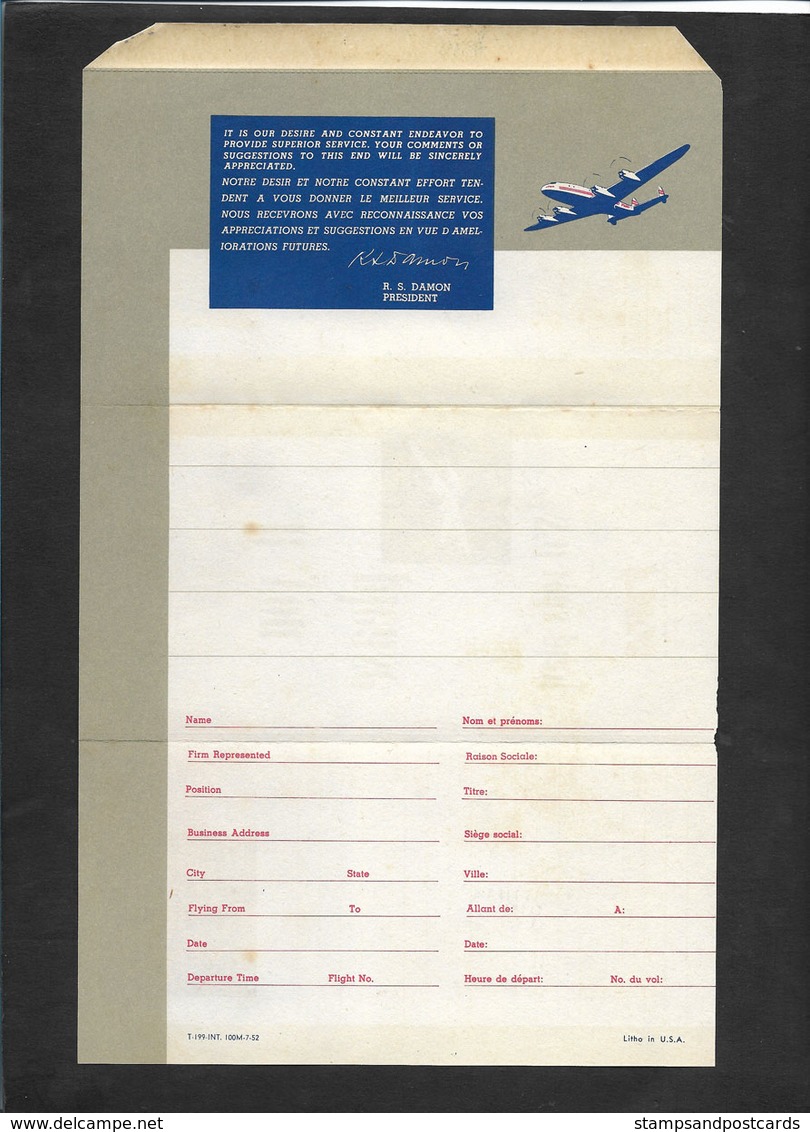 TWA Avion Lettre Pour Commentaires Et Suggestions Des Passagers  Airline Cover For Passengers Comments And Suggestions - Papiere