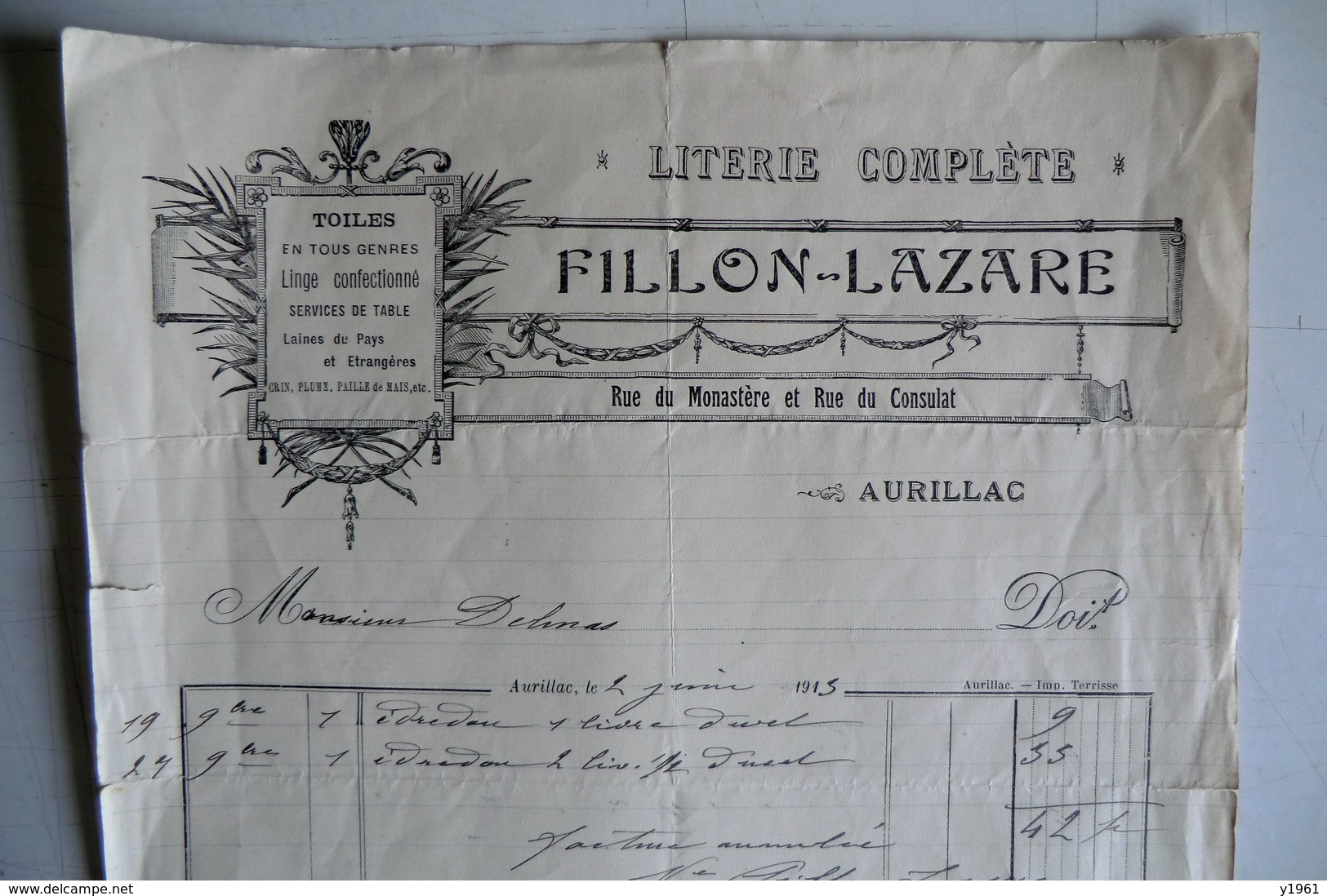 (026) FACTURES DOCUMENTS COMMERCIAUX. 15 CANTAL AURILLAC. LITERIE TOILES, FILLON LAZARE, Rue Du Monastère Et Cons. 1913. - Textile & Vestimentaire