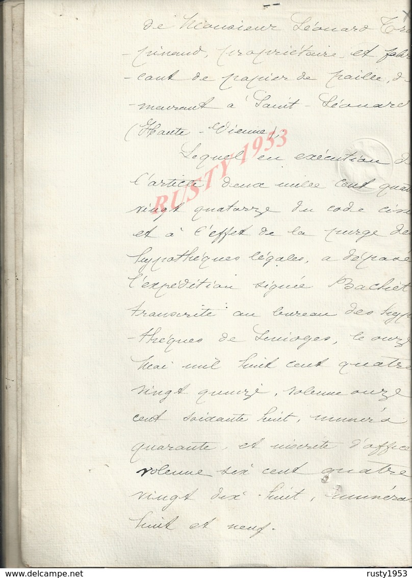 SAINT LEONARD DE NOBLAT 1895 ACTE PURGE D HYPOTHEQUE 60 PAGES : - Manuscripts
