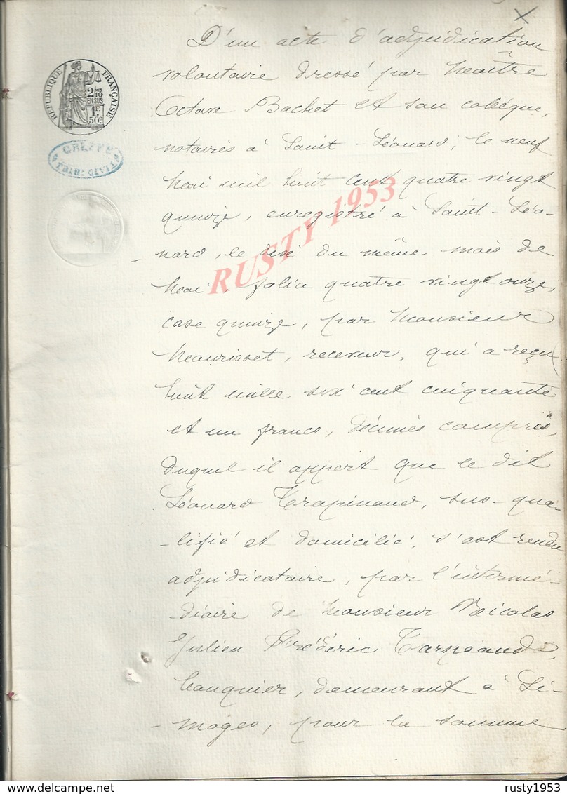 SAINT LEONARD DE NOBLAT 1895 ACTE PURGE D HYPOTHEQUE 60 PAGES : - Manuscrits