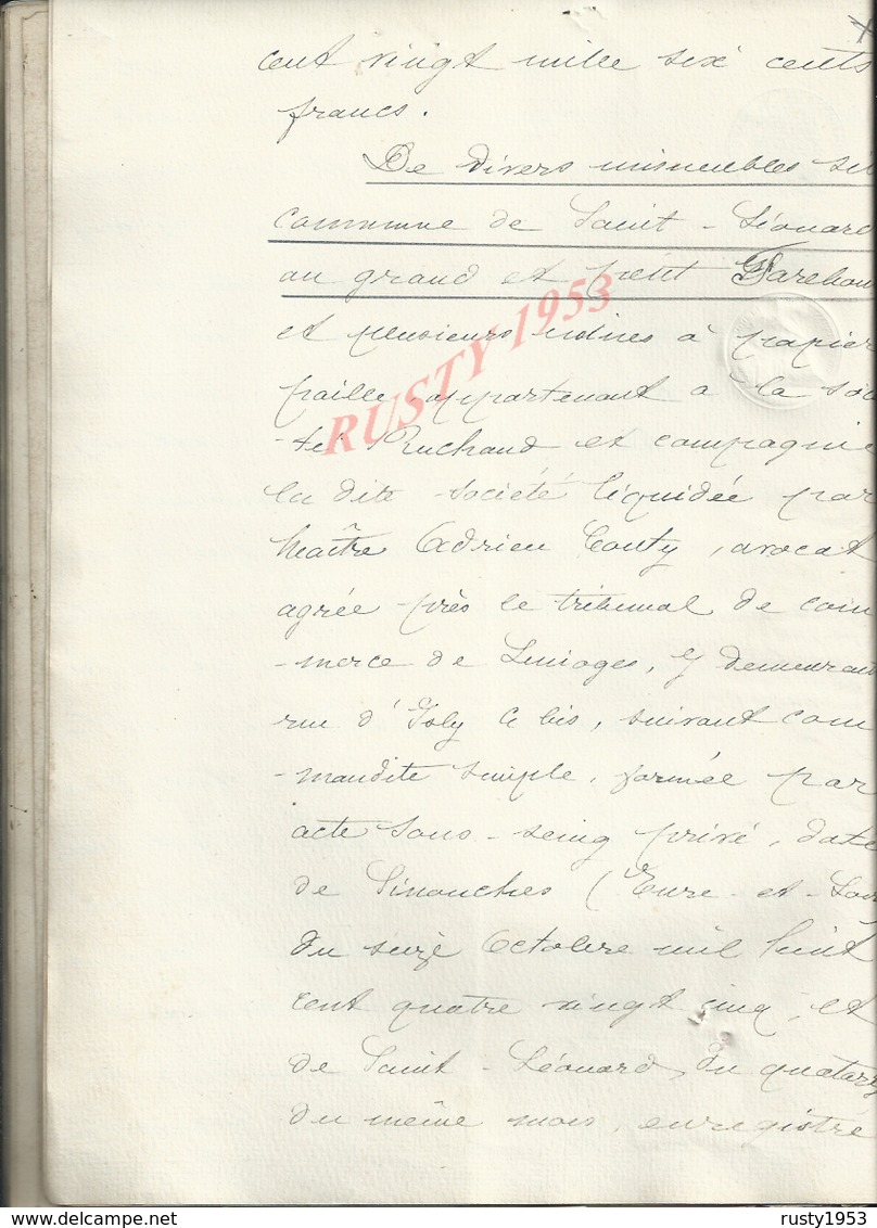 SAINT LEONARD DE NOBLAT 1895 ACTE PURGE D HYPOTHEQUE 60 PAGES : - Manuscripts