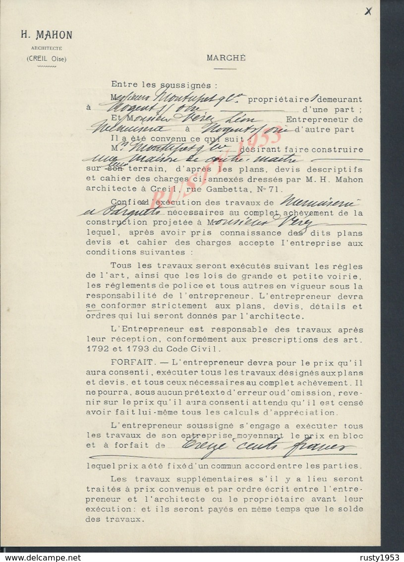 NOGENT SUR OISE 1910 ACTE DE DEVIS H MAHON ARCHITECTE À CREIL ANCIENNE FONDERIE MONTUPET 17 PAGES : - Manuscripts