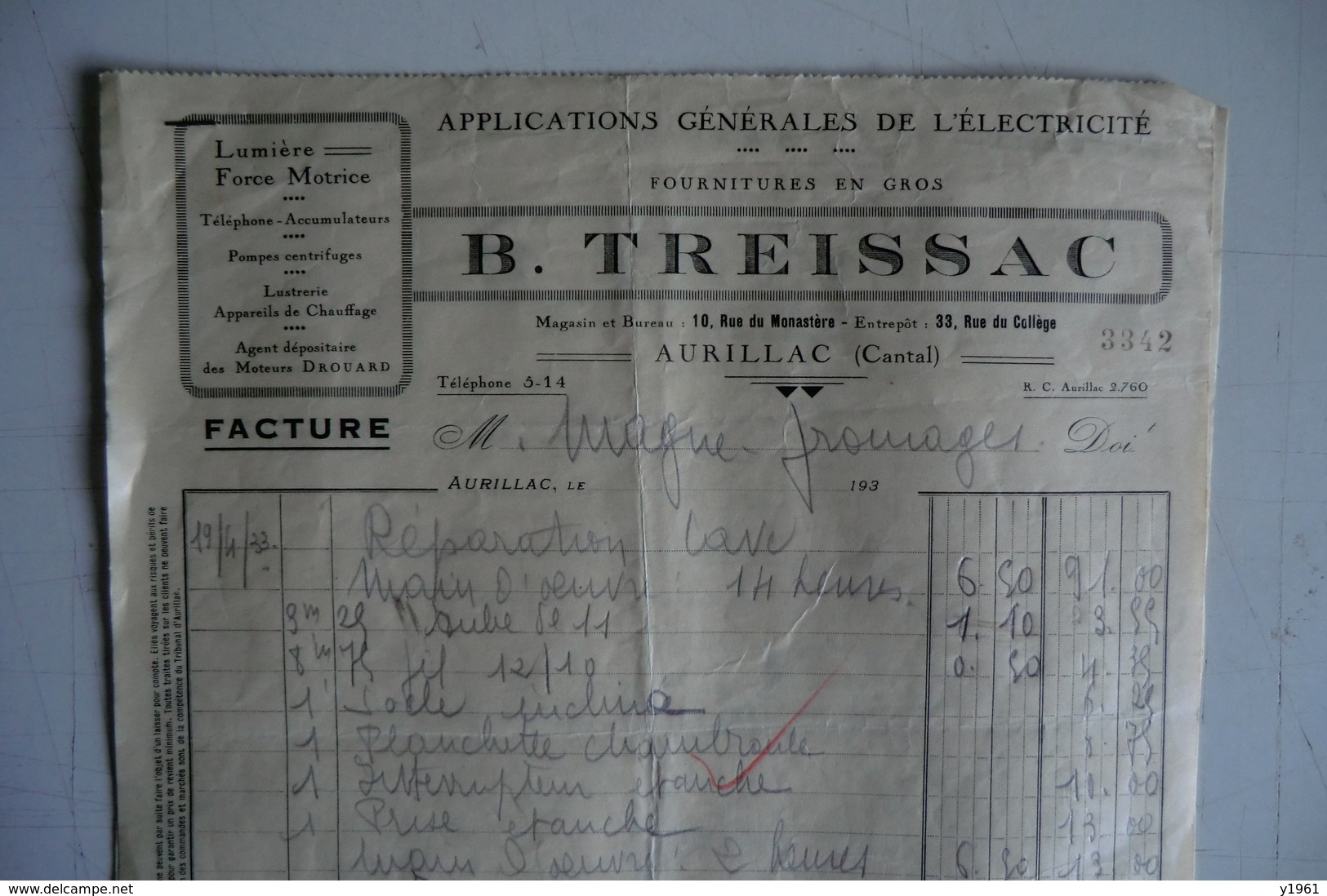 (037) FACTURES DOCUMENTS COMMERCIAUX. 15 CANTAL AURILLAC. B. TREISSAC. Application Générales De L électricité. 1933. - Electricity & Gas