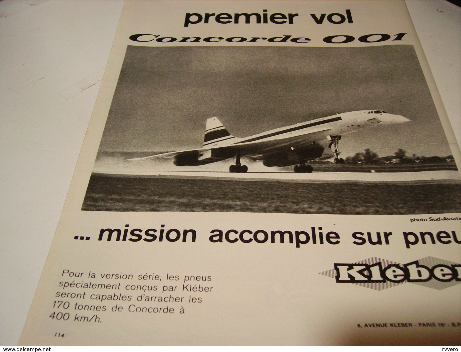 ANCIENNE PUBLICITE PREMIER VOL CONCORDE 001  PNEU KLEBER 1969 - Publicités