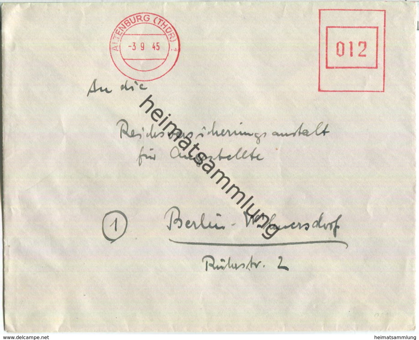 Brief Aus Altenburg (Thür) Vom 03.09.1945 Mit Aptiertem Postfreistempel In Rot - Sonstige & Ohne Zuordnung