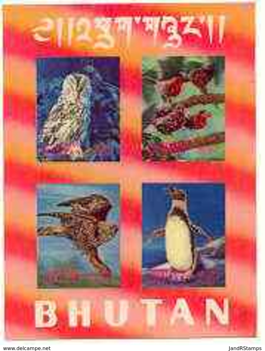 Bhutan 1969 Birds #1 M/sheet Containing 4 Values In 3-dimensional Format U/m 3D  OWLS BIRDS OF PREY PENGUINS Mi BL 29 - Bhutan