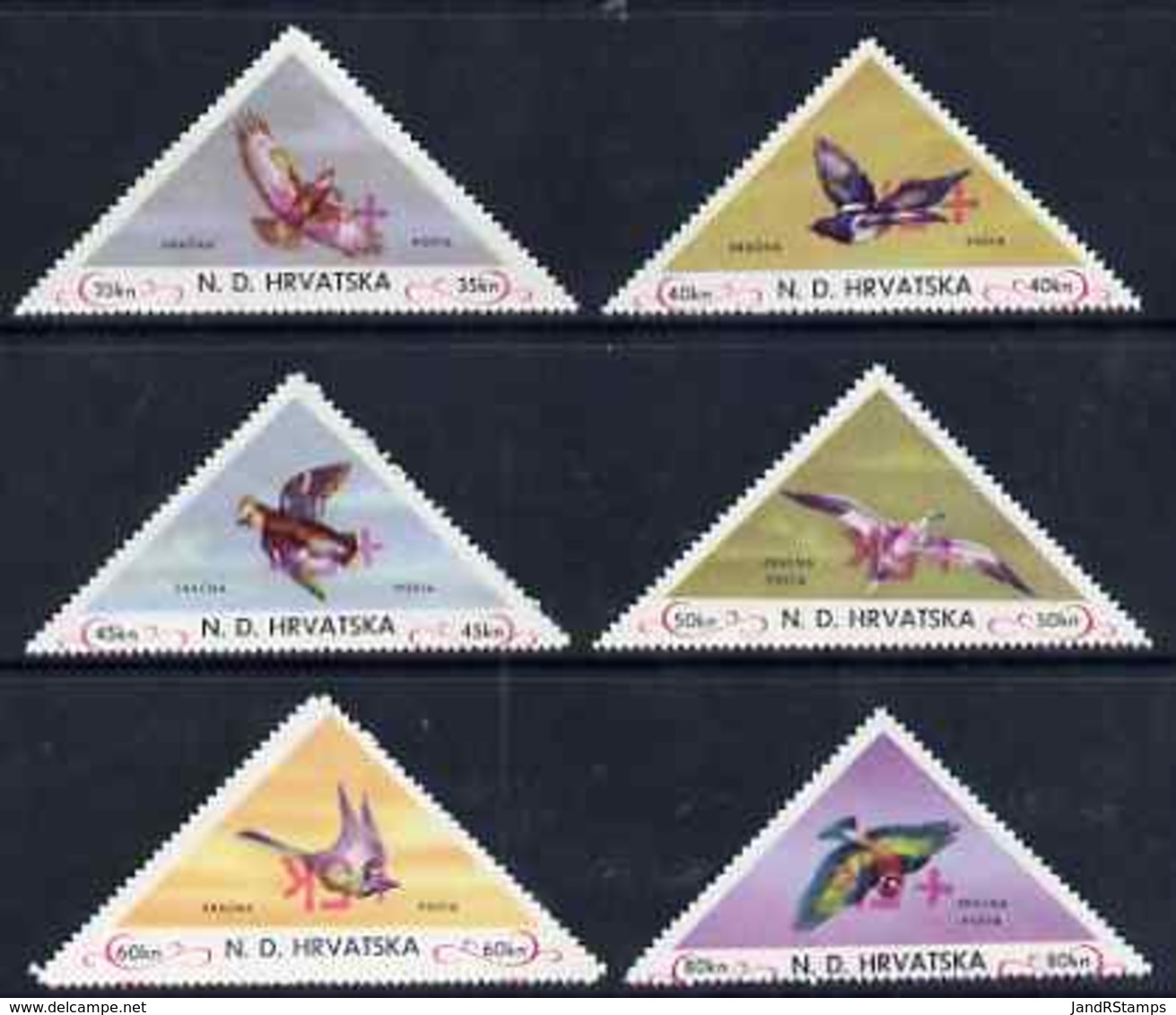 Croatia 1951 Birds Triangular Perf Set Of 6 Surcharged +5k In Red With Surcharge Inverted On All Values, U/m - Croatia