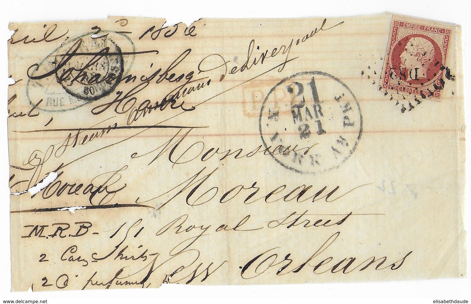 1856 - YT 17A - 80C EMPIRE NON DENTELE Sur GRAND FRAGMENT De PARIS => NEW ORLEANS (USA) - 1849-1876: Période Classique