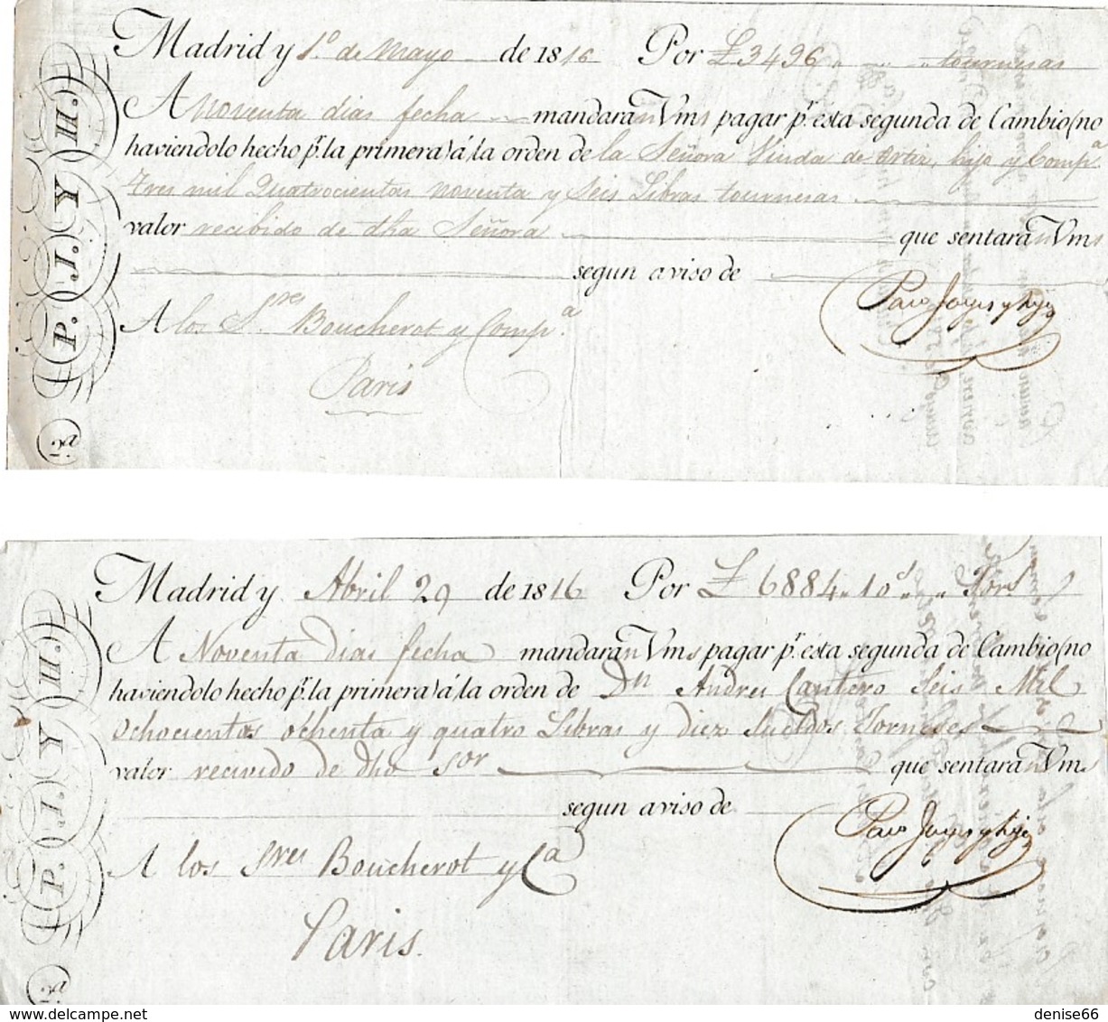 1816 - MADRID (Espagne) Deux MANDATS A ORDRE - Pour Boucherot à Paris - Documents Historiques