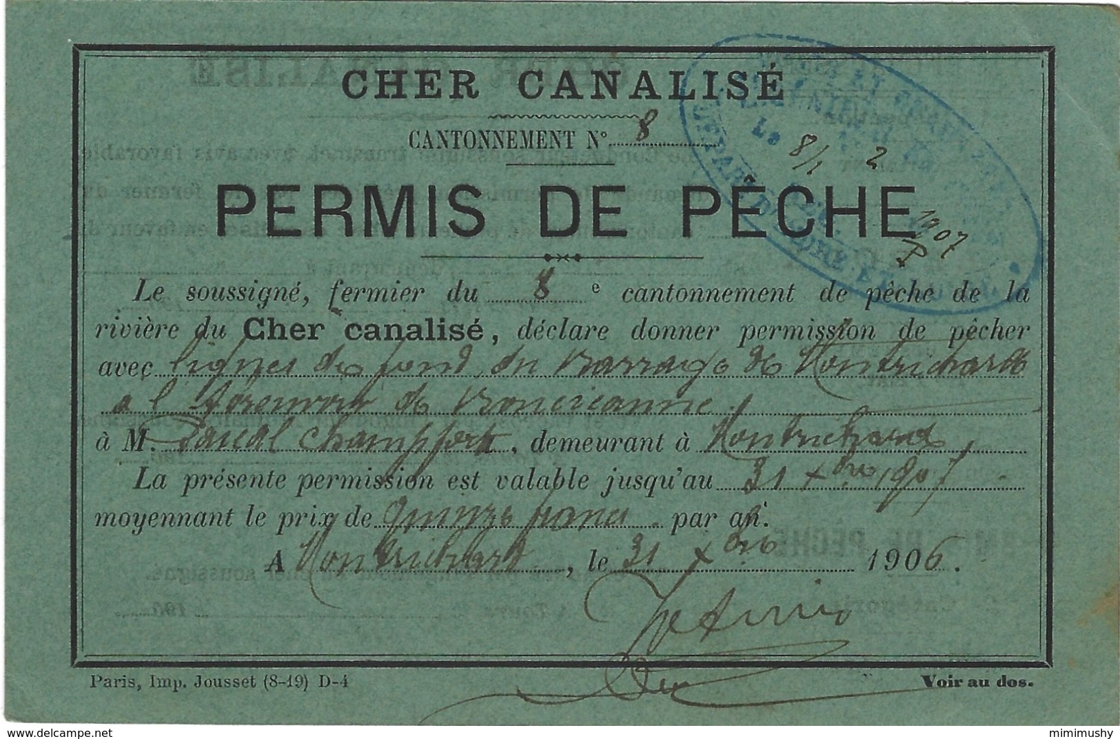 Carte Permis De Pêche - Cher Canalisé - Montrichad 1906 (37) - Non Classés