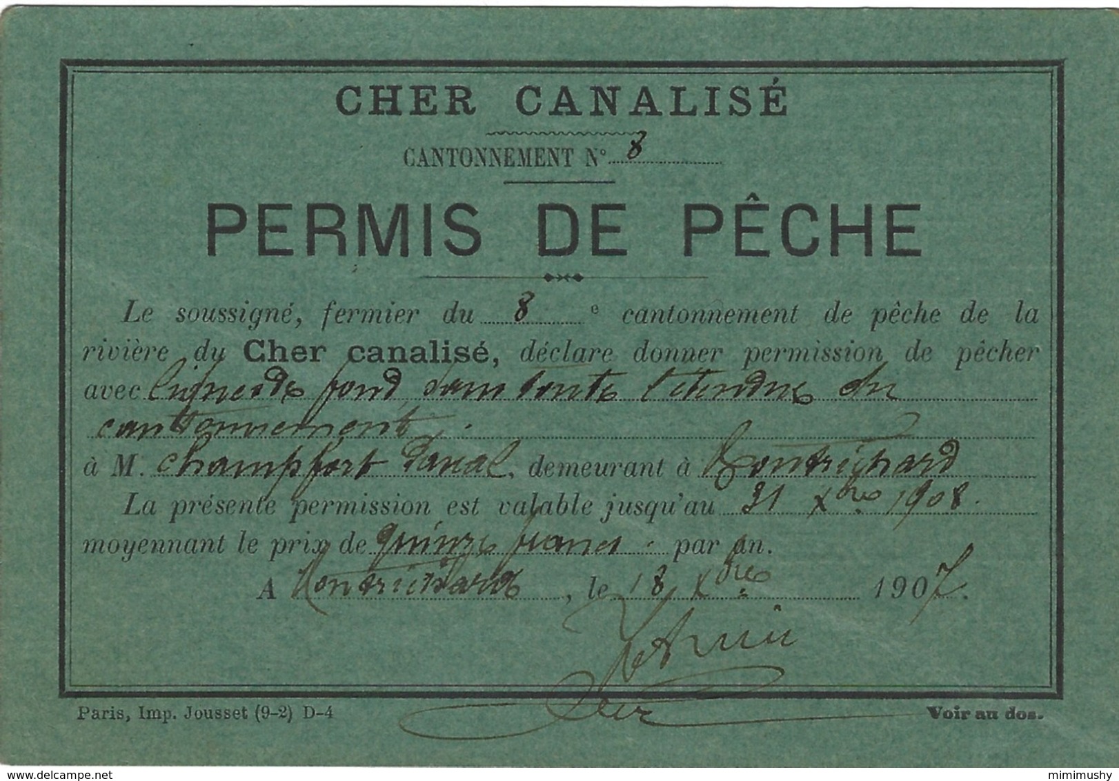 Carte Permis De Pêche - Cher Canalisé - Montrichad 1907 (37) - Unclassified