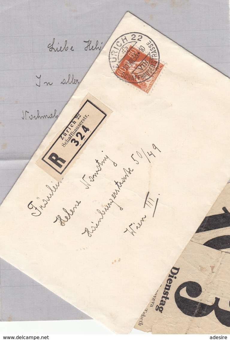SCHWEIZ 1931 - 60 C Auf R-Brief (mit Inhalt) Gel.v. Zürich > Wien III - Briefe U. Dokumente