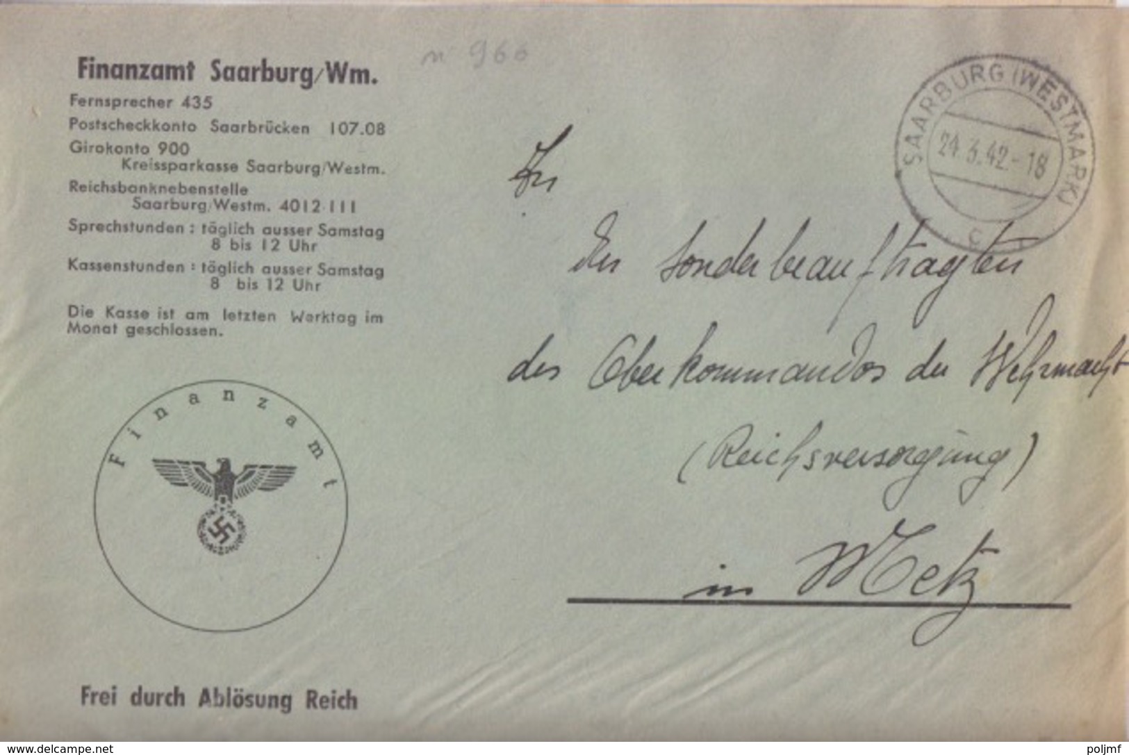 Lettre Préimprimée De Sarrebourg (T 329 Saarburg Westmark C) En Franchise Le 24/3/42 Pour Metz - Lettres & Documents