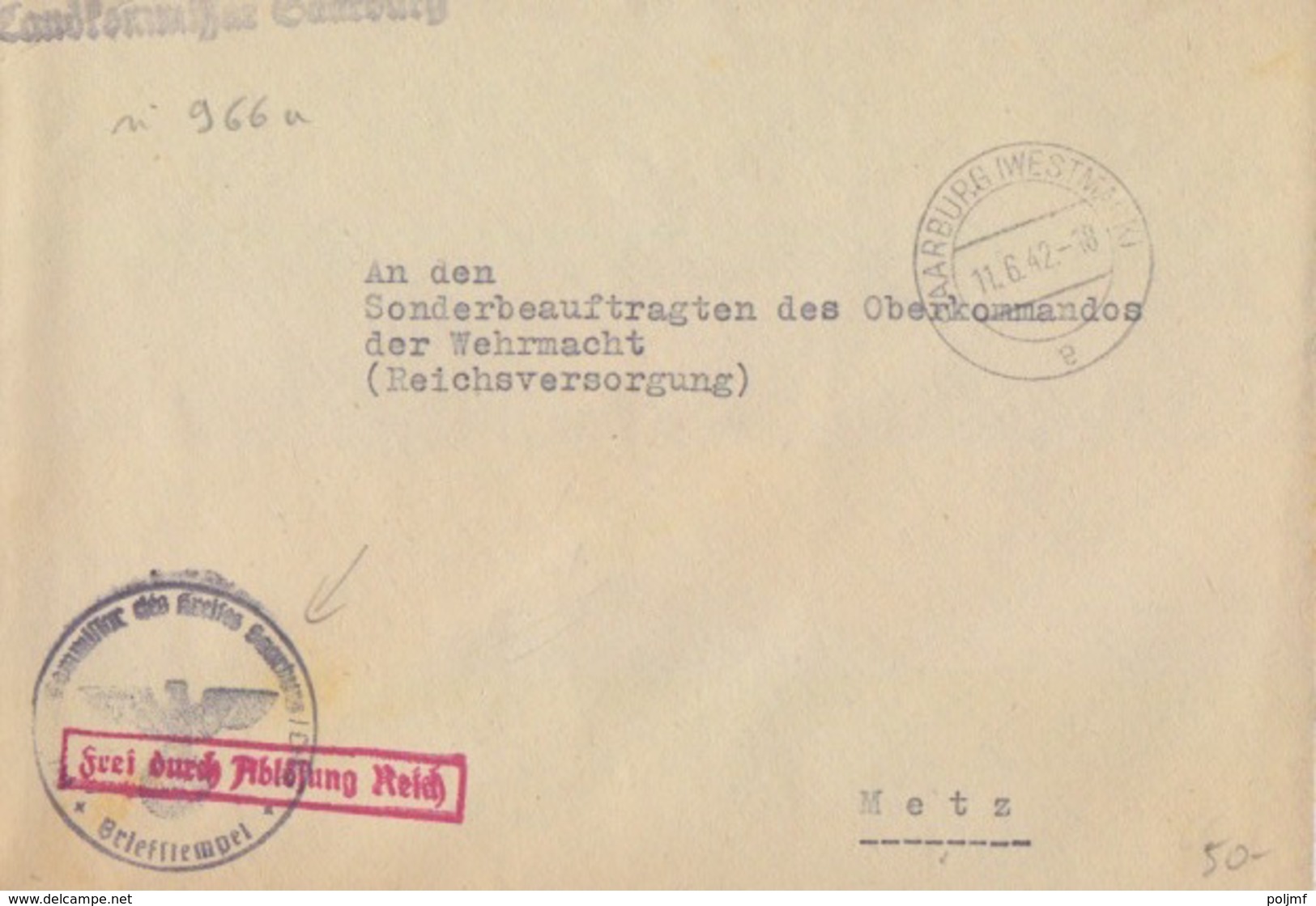 Lettre De Sarrebourg (T 329 Saarburg Westmark E) En Franchise Le 11/6/42 Pour Metz - Covers & Documents