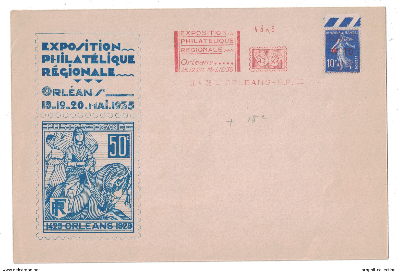 1935 - ENVELOPPE COMMEMORATIVE De L'EXPOSITION PHILATELIQUE D'ORLEANS Avec REPRO TIMBRE JEANNE D'ARC + SEMEUSE EMA - 1921-1960: Période Moderne