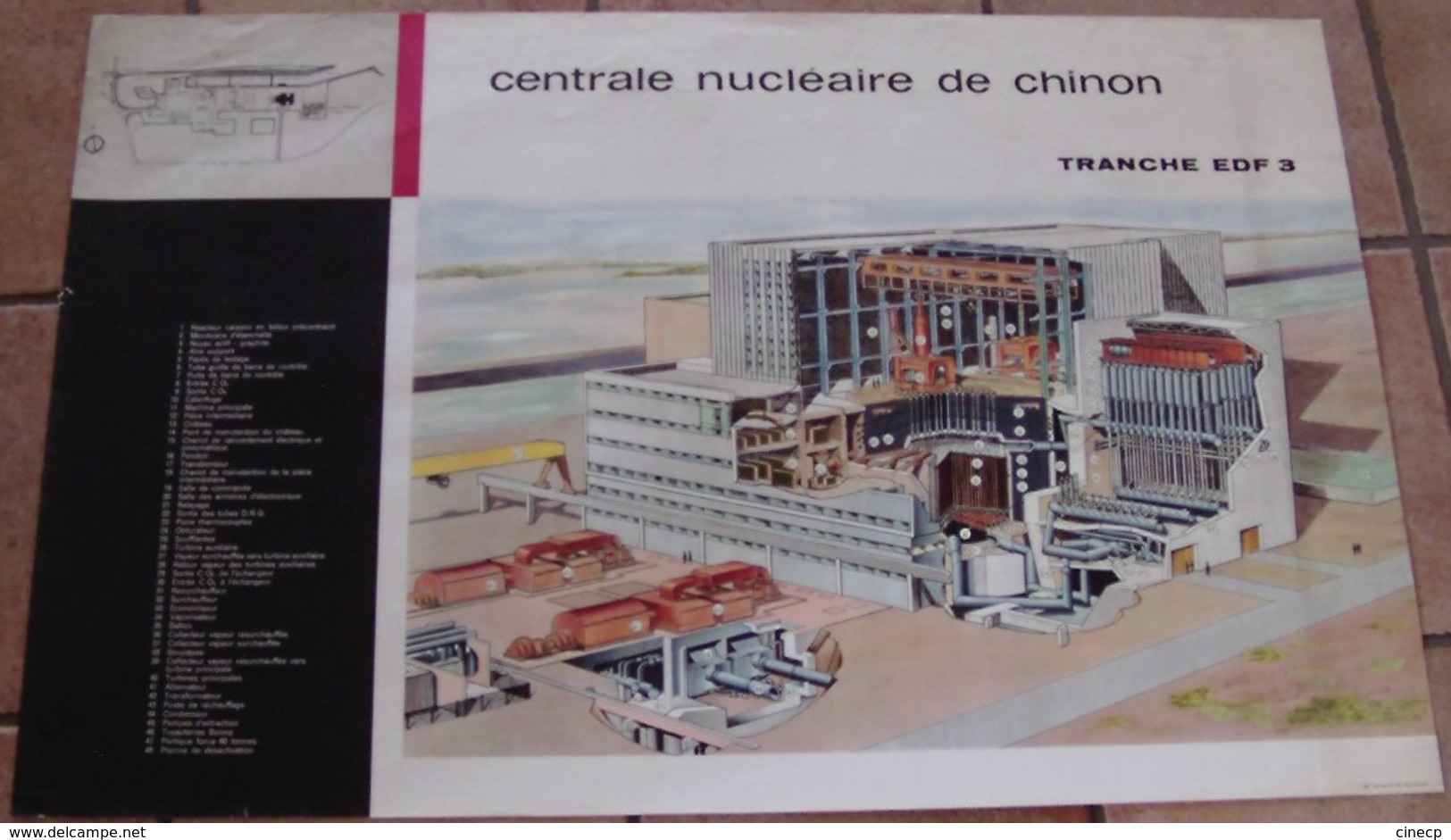 AFFICHE ANCIENNE ORIGINALE CENTRALE NUCLEAIRE DE CHINON PLAN TRANCHE EDF 3 - 60 X 95 ATOMIQUE - Affiches