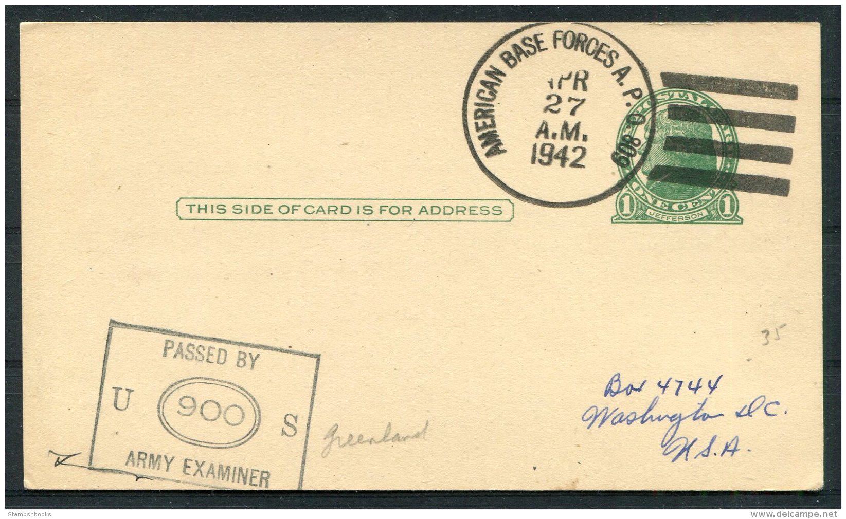 1942 Greenland USA 'American Base Forcs A.P.O. 809' Stationey Postcard Censor - Covers & Documents