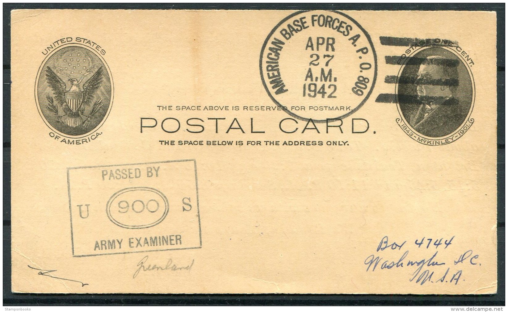 1942 Greenland USA 'American Base Forcs A.P.O. 809' Stationey Postcard Censor - Covers & Documents