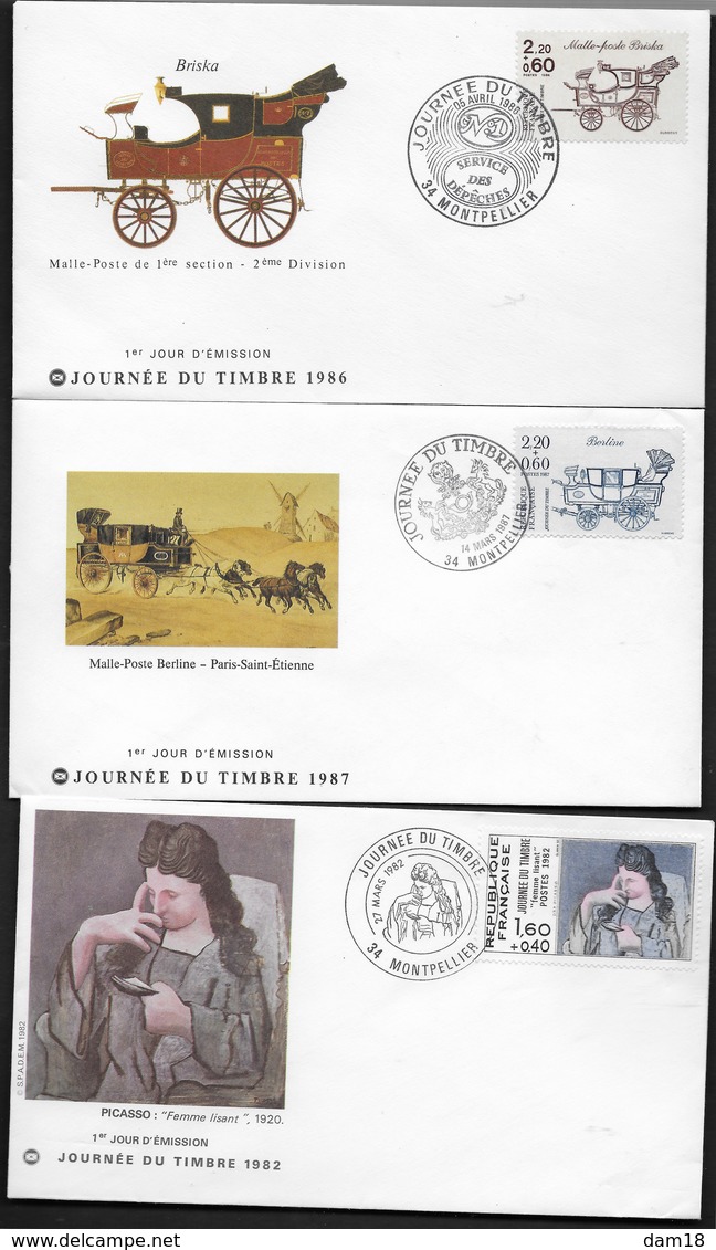 FRANCE N° 2205 2410 Et 2469 3 ENVELOPPES JOURNEE DU TIMBRE FDC CàD MONTPELLIER (34) GF 1er JOUR 1982 86  Et 87 - Briefe U. Dokumente