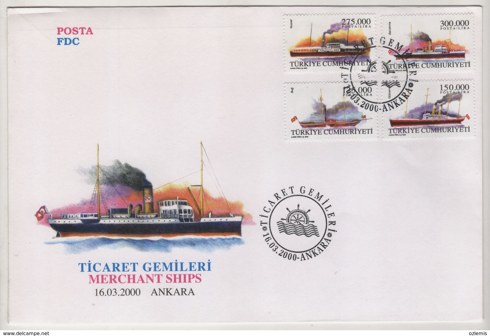 TURQUIE,TURKEI ,TURKEY ,MERCHANT SHIPS  2000  FDC - Cartas & Documentos