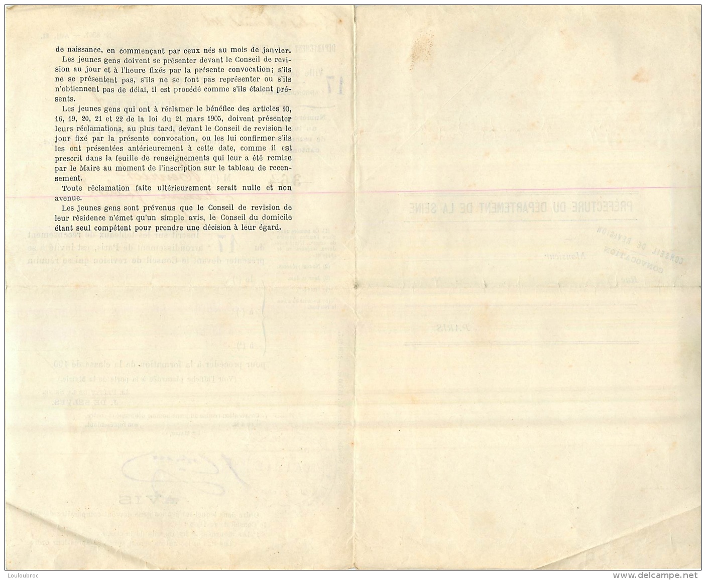 RECRUTEMENT CLASSE 1907 CONVOCATION  SOLDAT HENRIOT GABRIEL CACHET VILLE DE PARIS - Documents