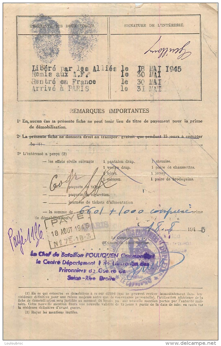FICHE DE DEMOBILISATION CENTRE DE DUPLEIX  LIBERE PAR LES ALLIES LE 18 MAI 1945 - Documents