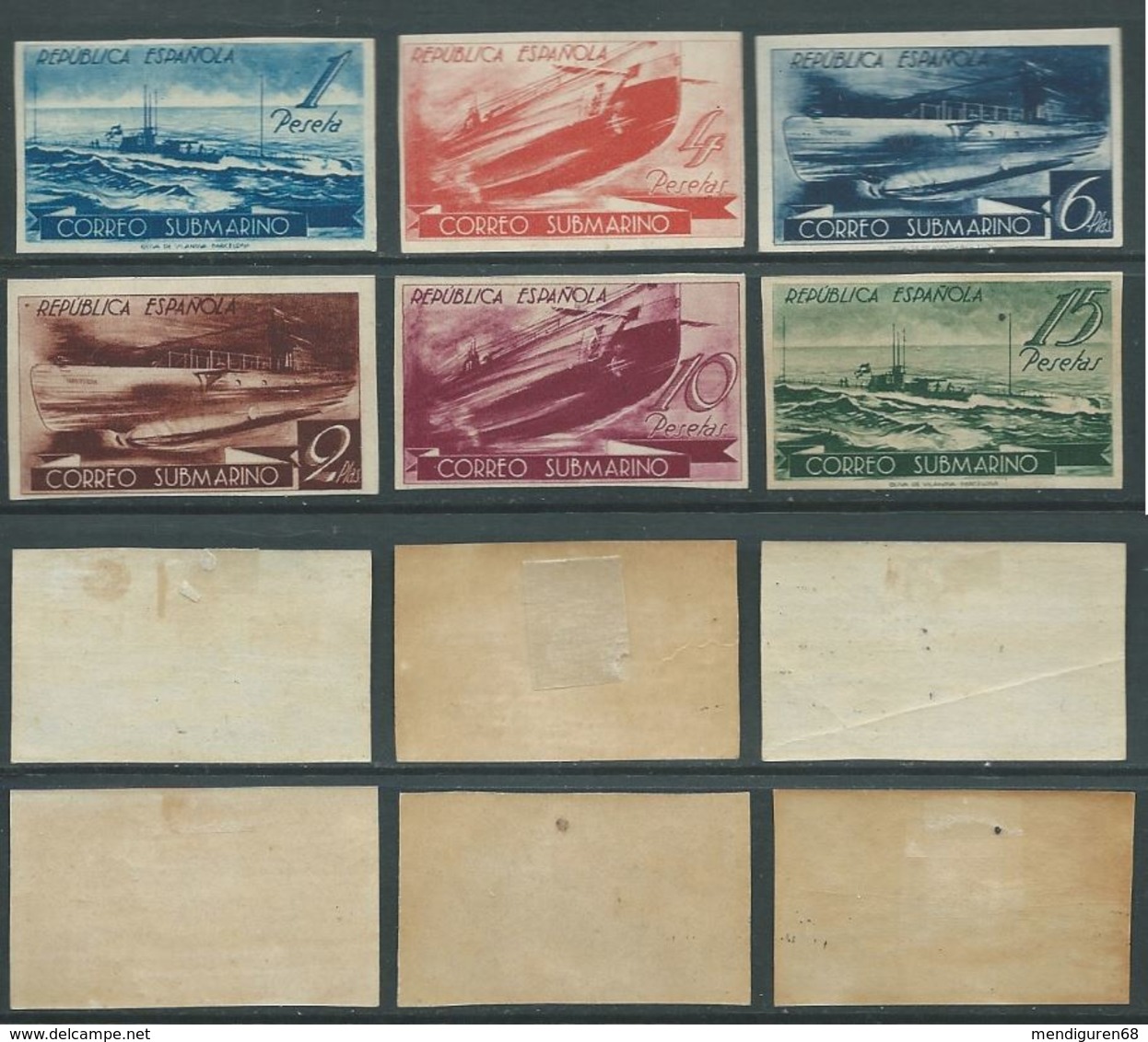 ESPAGNE SPANIEN SPAIN ESPAÑA 1938 SUBMARINE MAIL SET 6V. W/D (MNH WITH HINGED) ED 775-80 YV 624-29 MI 721-26 SC 605A-F - Neufs