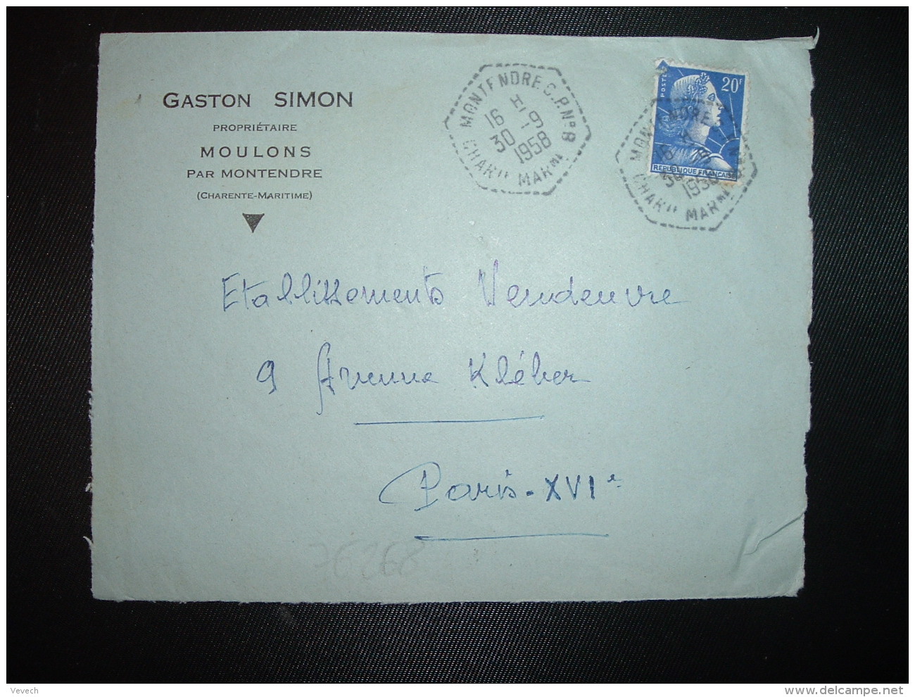 DEVANT TP M. DE MULLER 20F OBL. HEXAGONALE Tiretée 30-9 1958 MONTENDRE CP N°8 CHARENTE (16) GASTON SIMON - Bolli Manuali
