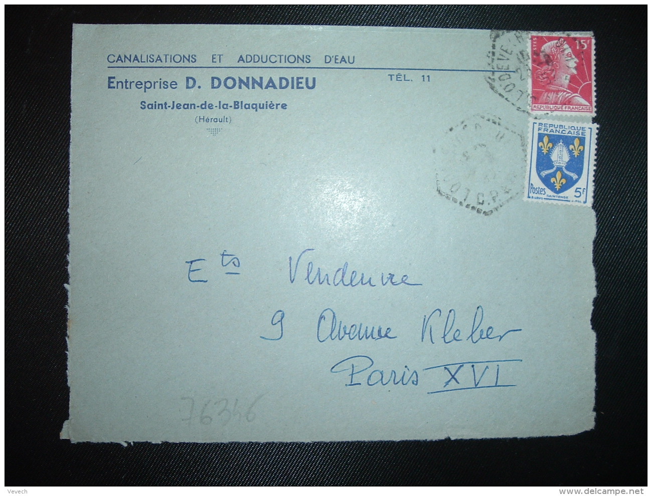 DEVANT TP M.DE MULLER 15F+TP 5F OBL. HEXAGONALE Tiretée 29-8 1957 LODEVE (HERAULT) CP N°3 (34) DONNADIEU Denis SERRURIER - Cachets Manuels