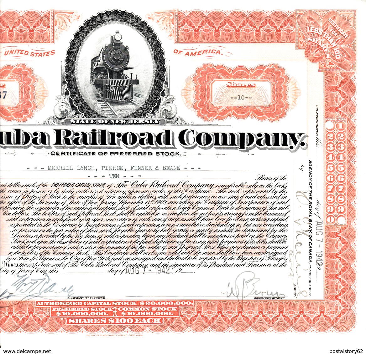 Certificate The Cuba RailRoad Company, Stati Uniti New Jersey 1942 - Chemin De Fer & Tramway