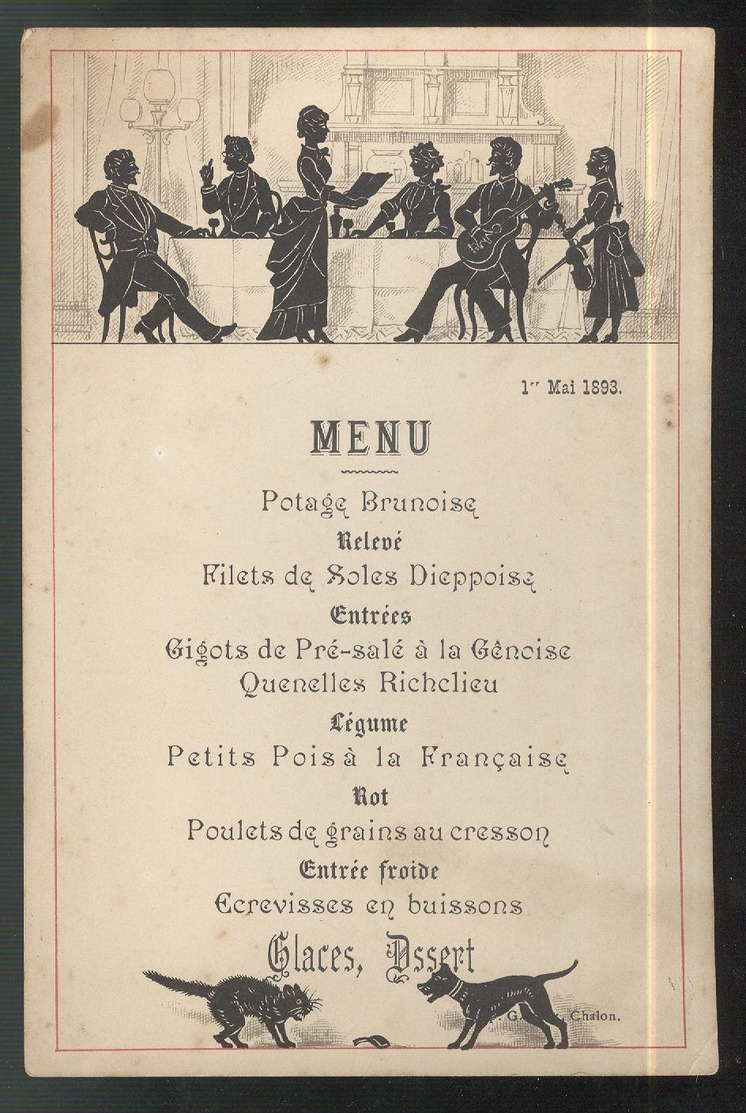 Menu Non Localisé - 1er Mai 1893 - Menus