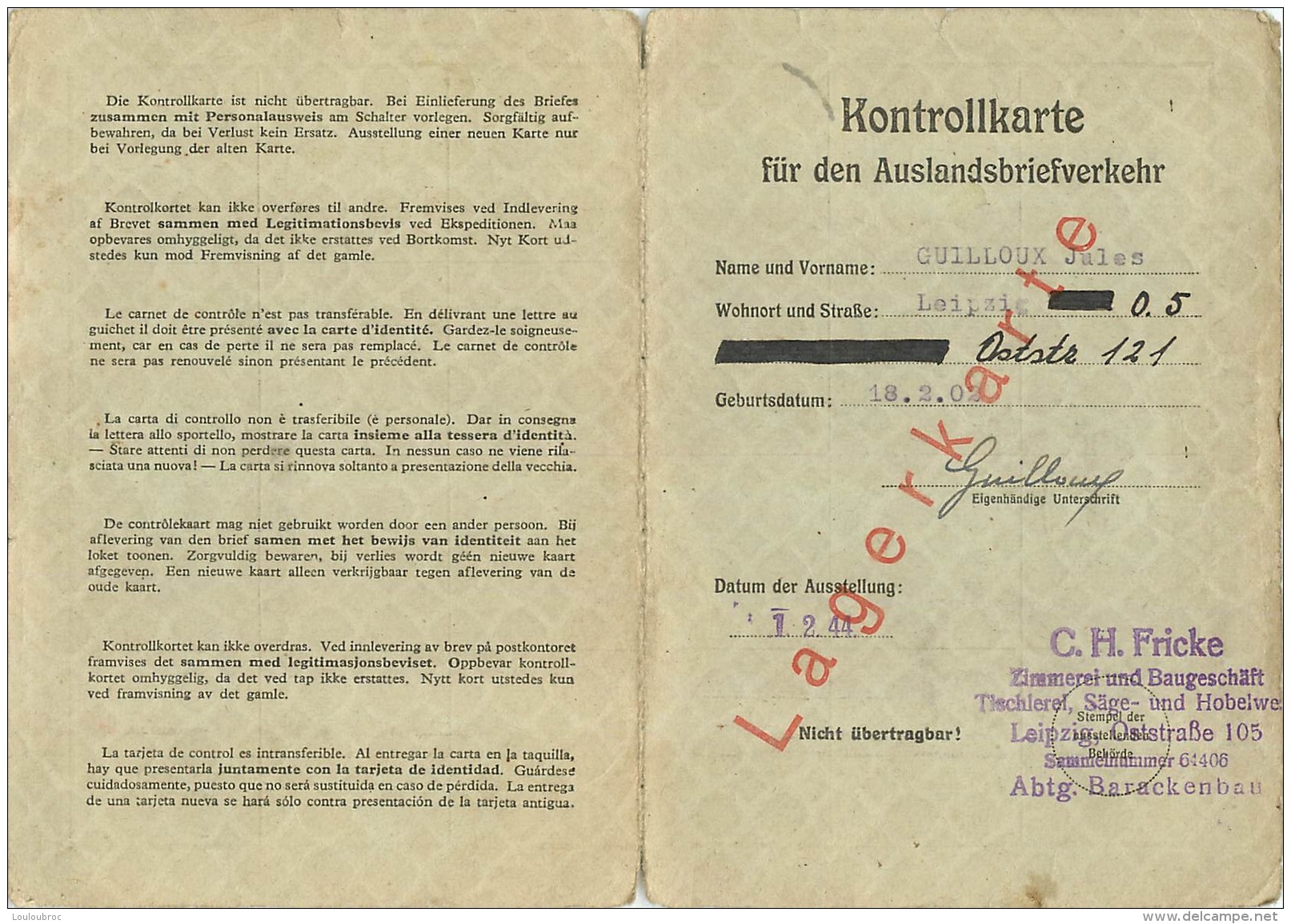 KONTROLLKARTE FUR DEN AUSLANDSBRIEFVERKEHR  1944 - Documents