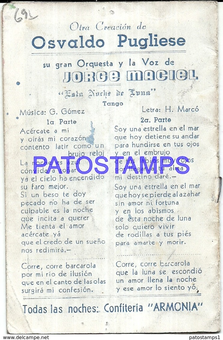 100741 ARGENTINA BS AS CONFITERIA ARMONIA ORQUESTA OSVALDO PUBLIESE TANGO LIBRILLO NO POSTAL POSTCARD - Autres & Non Classés