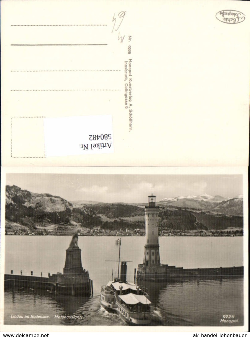 580482,Foto Ak Leuchtturm Lindau Bodensee Hafenausfahrt L&ouml;wendenkmal Schiff Dampfer - Leuchttürme