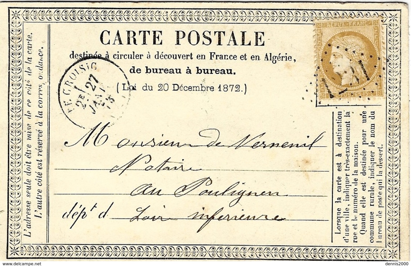 27 Janvier 1873- C P Précurseur De LE CROISIC ( Loire Atlantique ) Cad T16  Affr N°59 Oblit. G C 1231 - 1849-1876: Klassik