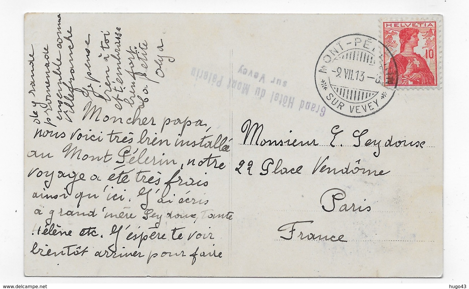 (RECTO / VERSO) CHANTILLY EN 1913 - MUSEE CONDE - INGRES A 24 ANS - BEAU TIMBRE SUISSE ET CACHET - CPA VOYAGEE - Chantilly